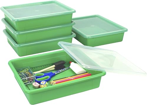 Storex Letter Size Flat Storage Tray Organizer Bin with Non-Snap Lid for Classroom, Office and Home, Green, 5-Pack 62539U05C
