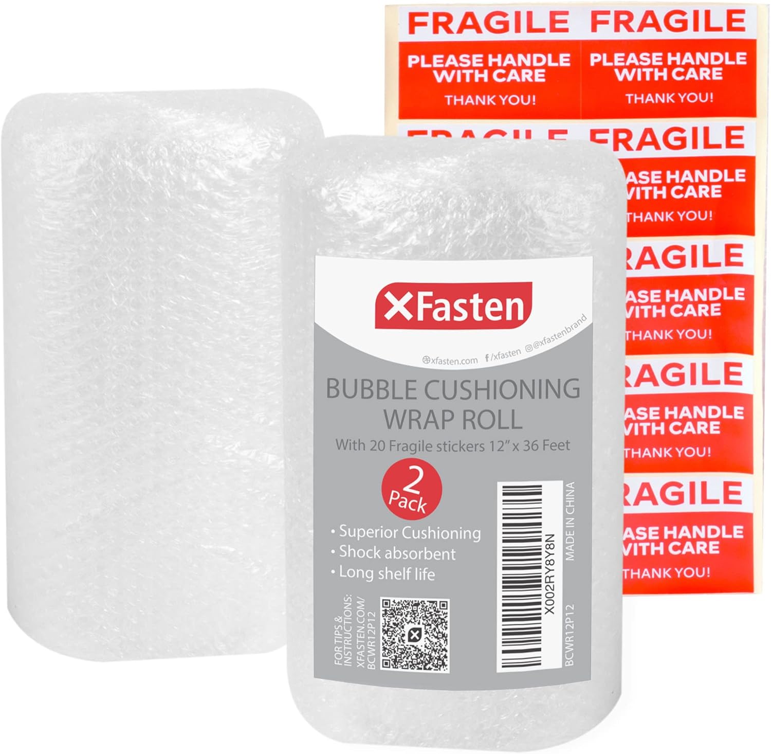 XFasten Bubble Cushioning Wrap Rolls with Fragile Sticker Labels, 12-Inch x 72 Feet Total, Perforated Every 12", 20 Fragile Stickers | Extra Thick Large Heavy-Duty Bubble Packing Wrap Roll for Moving : Office Products