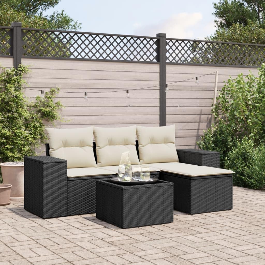 Set Divani da Giardino 5 pz in Rattan PE Nero con Tavolo in Vetro