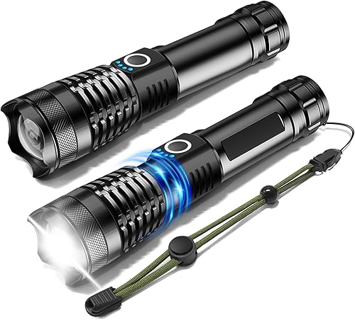 ISUNMEA Linterna fuerte recargable, 2 paquetes de linternas LED potentes con zoom de 1500 lúmenes, altos lúmenes con 5 modos, luz de flash de mano
