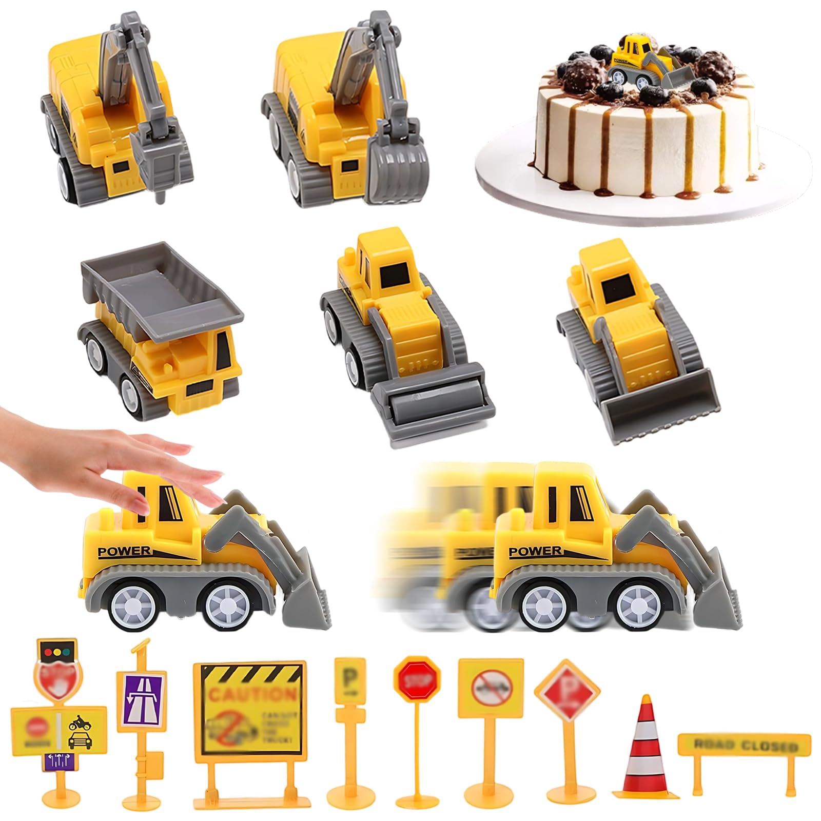 Zeaying 14 Pieces Excavator Birthdays Cake Decoration, Construction Site Vehicles for Kids, Cake Decoration Construction Site Set, Mini Excavator, Educational Toys From 3 Years, Parent-Child