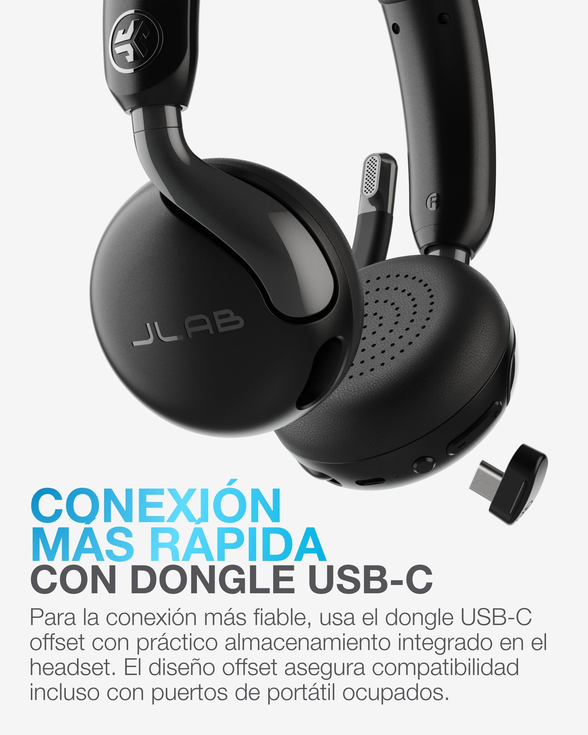 JLab Go Work 3 Auriculares Inalámbricos con MicróFono - Cascos Inalámbricos PC Bluetooth con 70+ Horas de Batería, Cancelación de Ruido ENC, Conexión Multipoint y Dongle USB-C