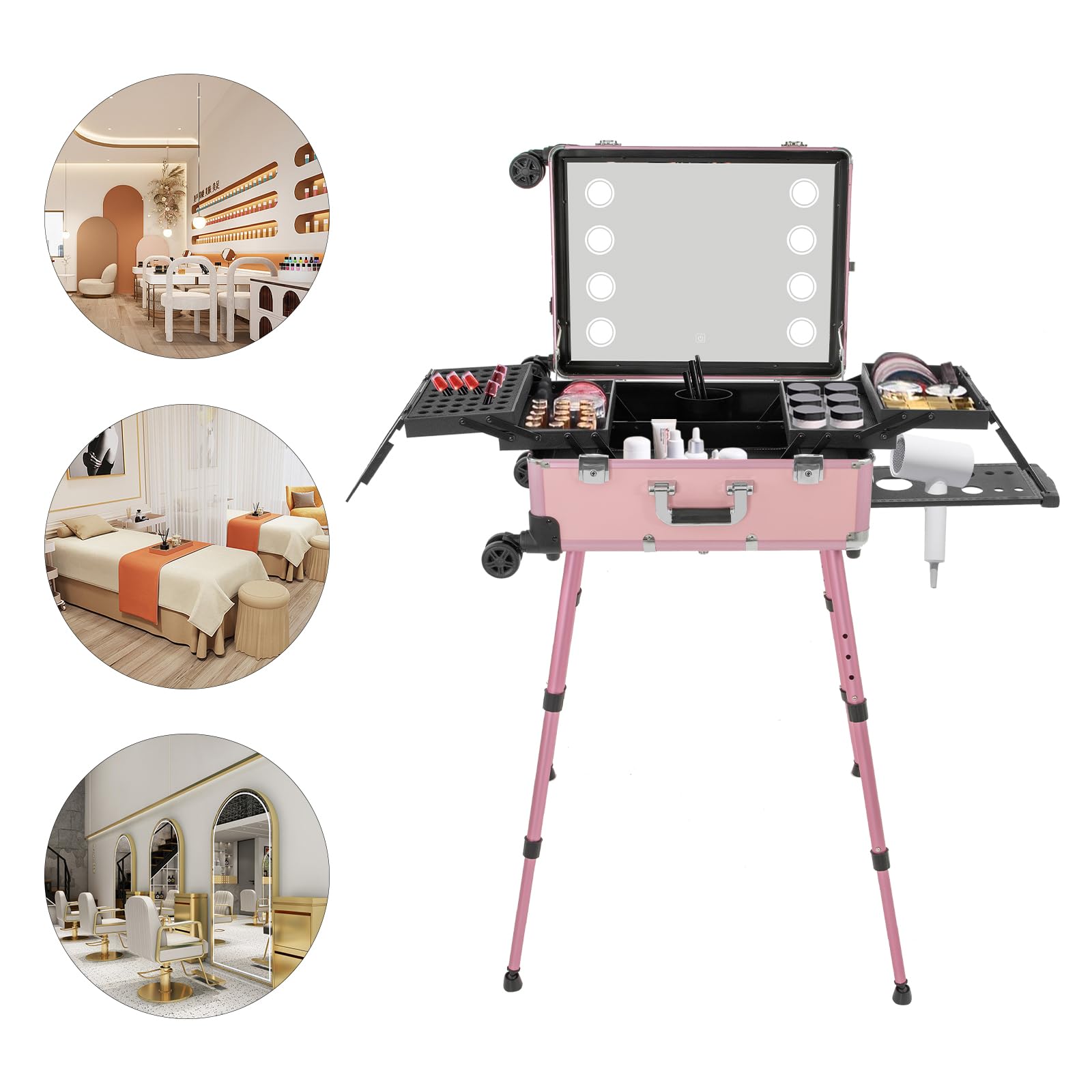Rosa Rolling Makeup Zug Koffer, Aluminiumlegierung Trolley Salon Make-up Kosmetik Orgainzer Box Reisekoffer für Make-up-Wettbewerbe Hochzeits-Make-up-Szenarien