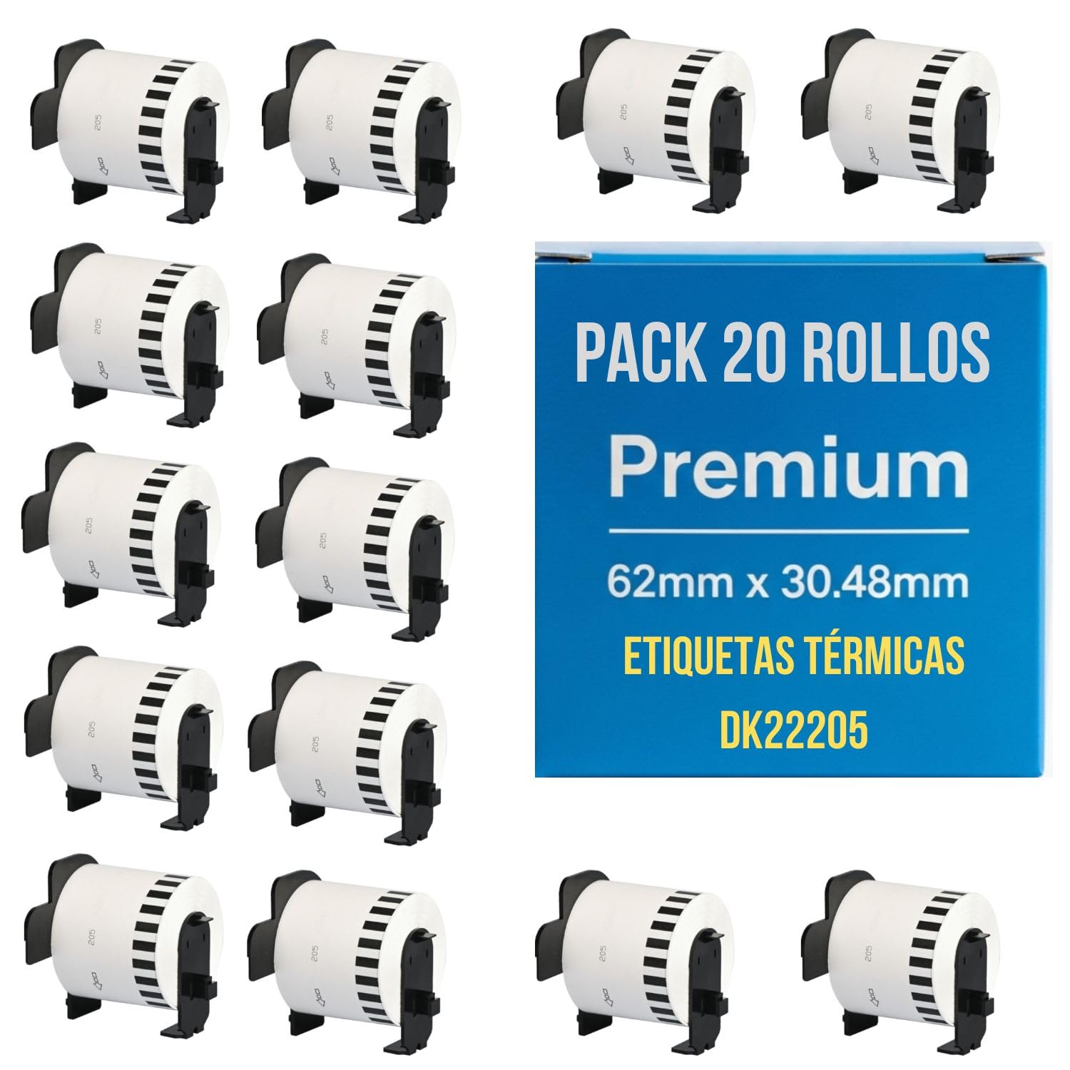 20 Rollos de Etiquetas DK22205 compatible con Brother QL - Cinta Continua DK-22205 de Papel Térmico 62mm x 30.48m, para Impresoras QL-500 550 570 700 710W 720NW 800 810W 820NW