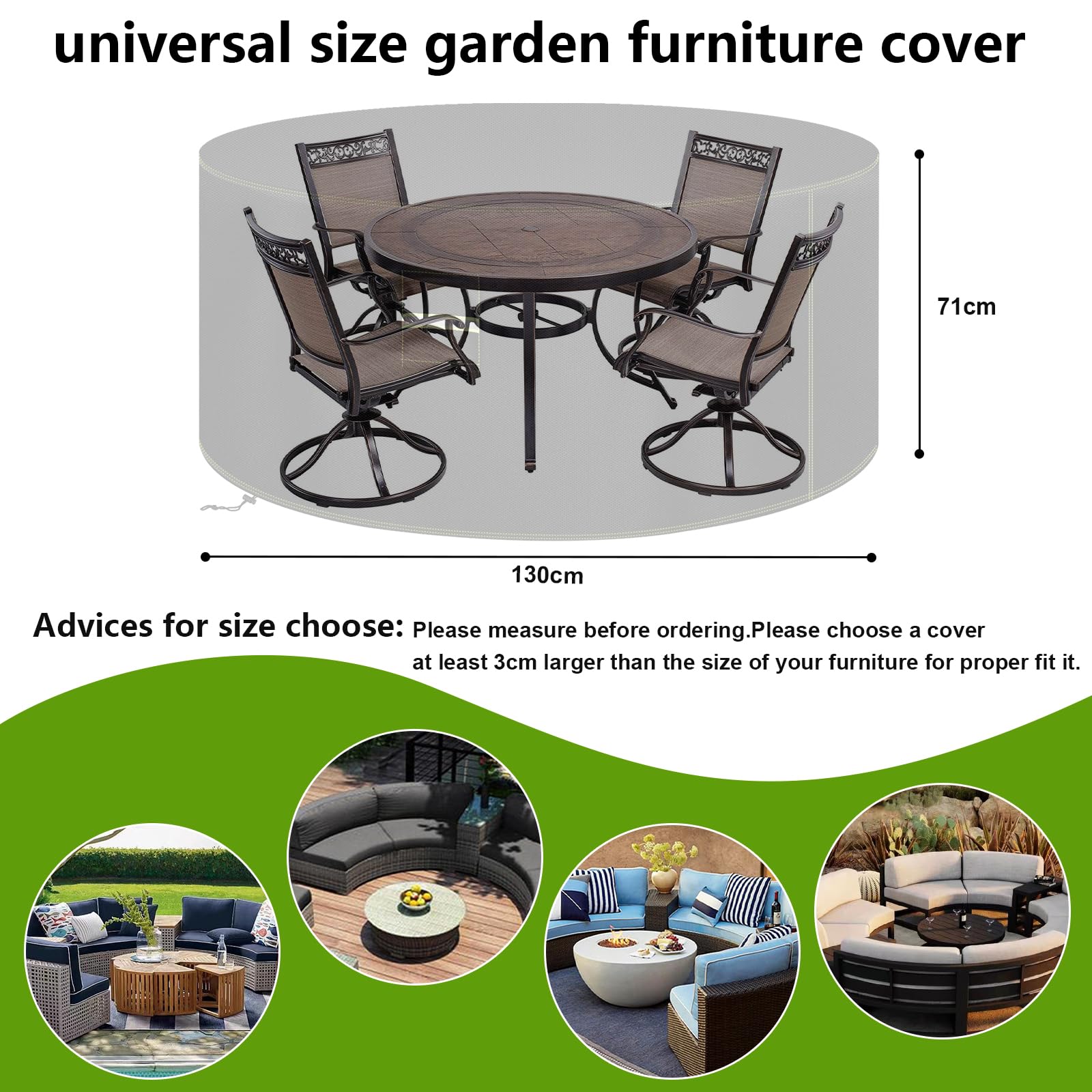 VDISRR Housse Table de Jardin, 600D Tissu Oxford Housses pour Mobilier Ø130 x 71 cm, Bâche Salon de Jardin avec Grilles D'aération, Imperméable, Coupe-Vent, Anti-UV Couverture de Protection Meubles