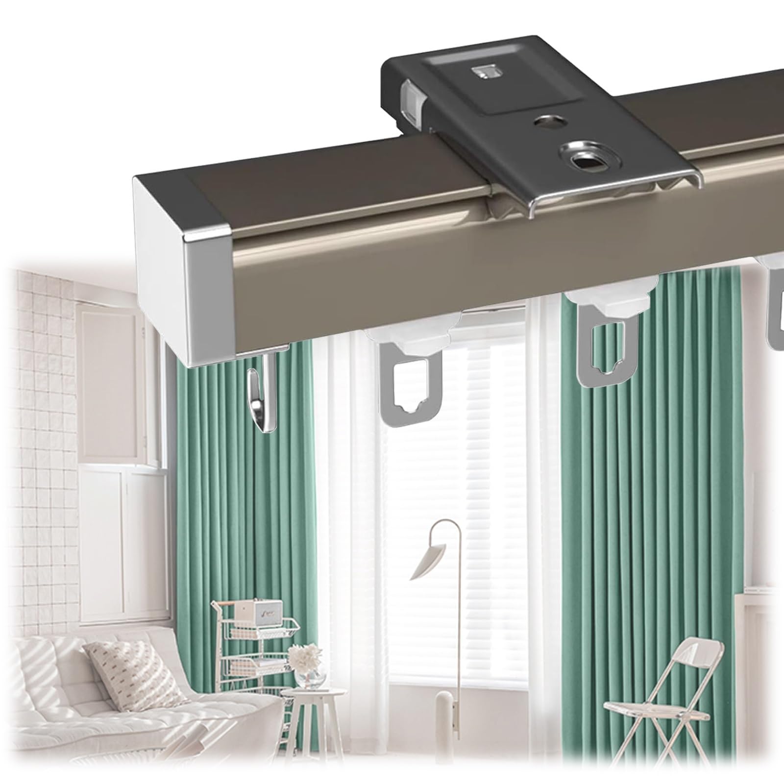 Czarny aluminiowy system prowadnic przesuwnych 380 cm z cichymi rolkami – idealny do dzielenia pomieszczeń, dekoracji okien i przegród ściennych dla płynnej, cichej pracy