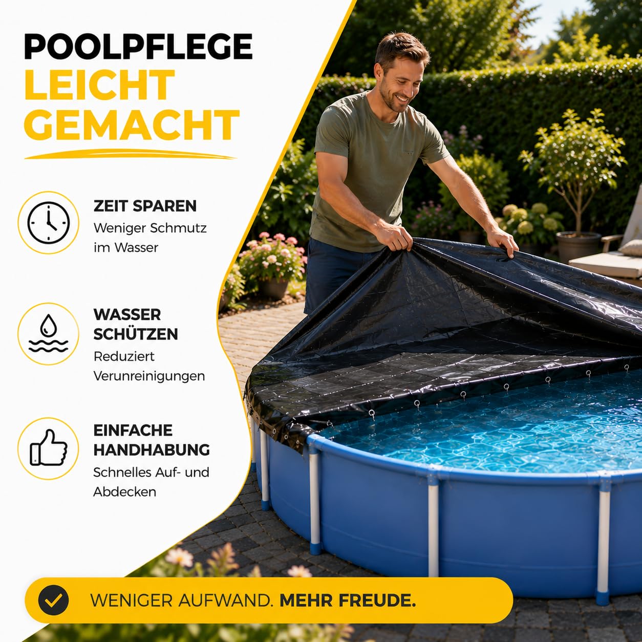 Telone rotondo per piscina in pellicola extra forte di alta qualità da 200 g/m², resistente ai raggi UV, per uso tutto l'anno in estate e in inverno, copertura per piscina nera durevole (550-600 cm