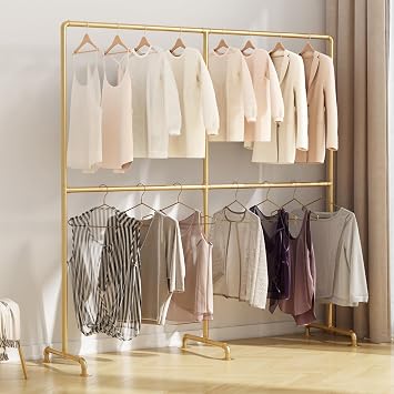 Industrial Pipe Clothing Rack, Double Rod Clothes Rack for Hanging Clothes, Heavy Duty Metal Garment Rack for Home Retail Boutique Gold