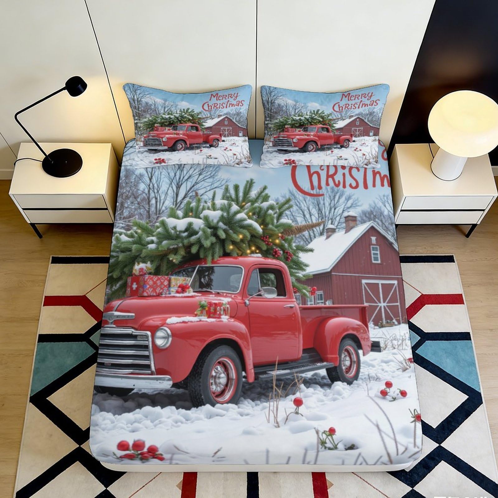 3D Printed Red Christmas Truck Fitted Sheet Microfiber Festive Barn Bed Cover for Bedroom Guest Room Decor 90x200x25cm