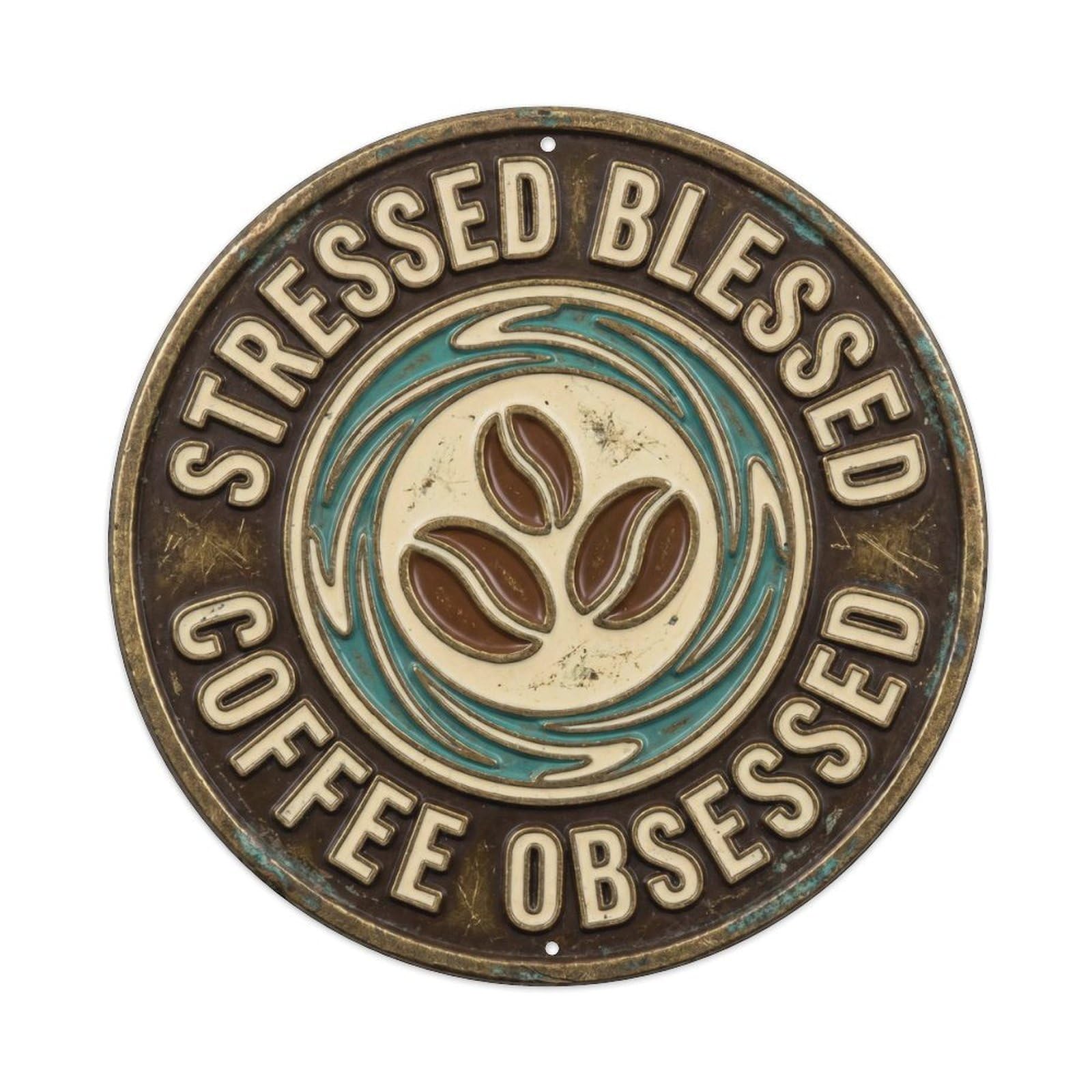 Cmhok Vintage Style Stressed Blessed Coffee Obsessed Classic Kitchen Accessory Retro Slogans Metal Tin Sign Plaque Wall Decor For Cafe, Club, Garden Round Metal Poster 8X8inch
