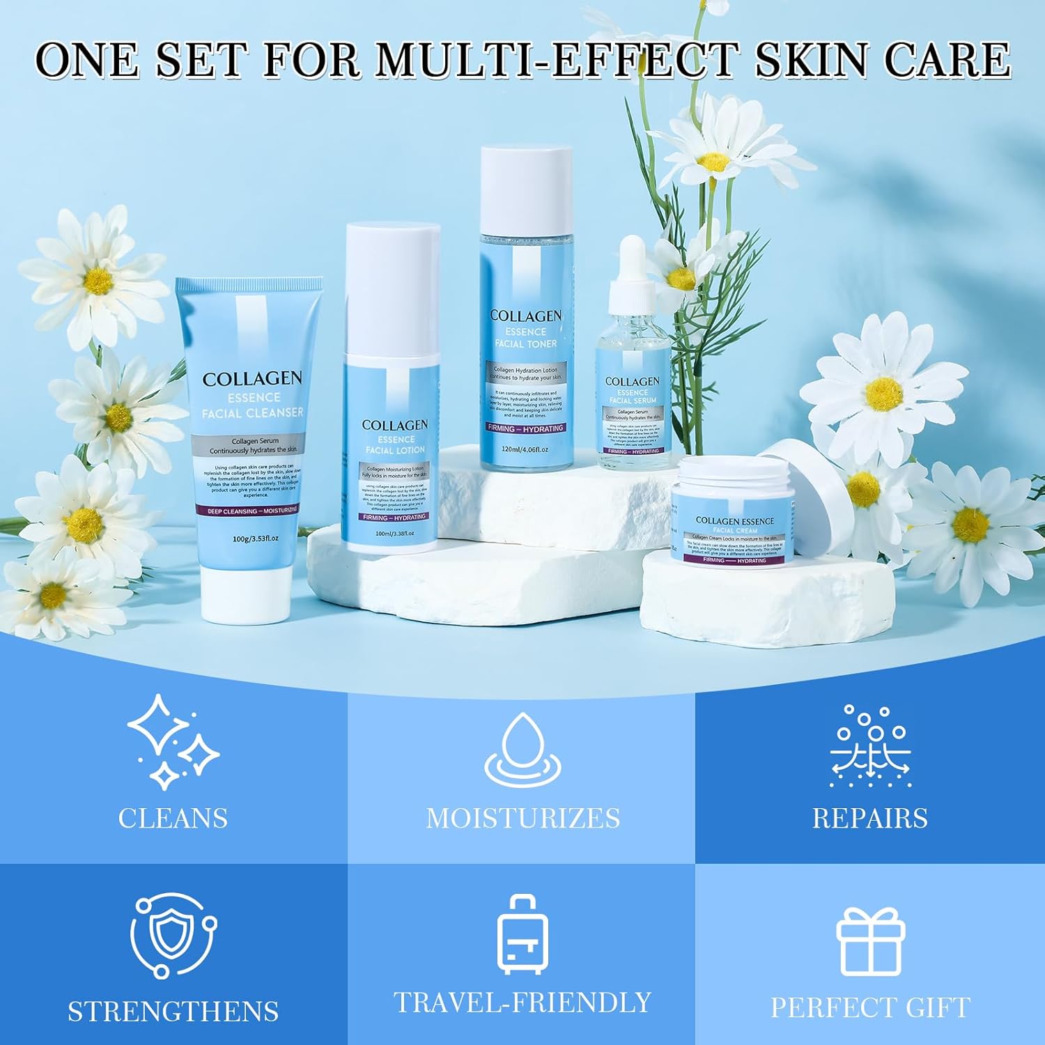 Collagen Skin Care Sets, 5 Pcs Facial Set for Skin Care for Women with Cleanser, Serum, Toner, Lotion & Cream, for Firming Skin, Reduce Wrinkles - Image 5