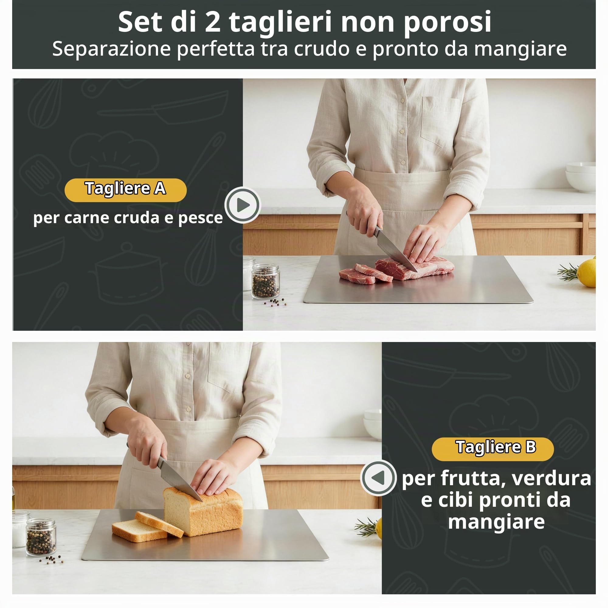 Set di 2 taglieri in acciaio inossidabile per cucina, con bordo da bancone, lavabili in lavastoviglie, per carne, verdura, frutta, pane, impastare (40 x 30 cm)