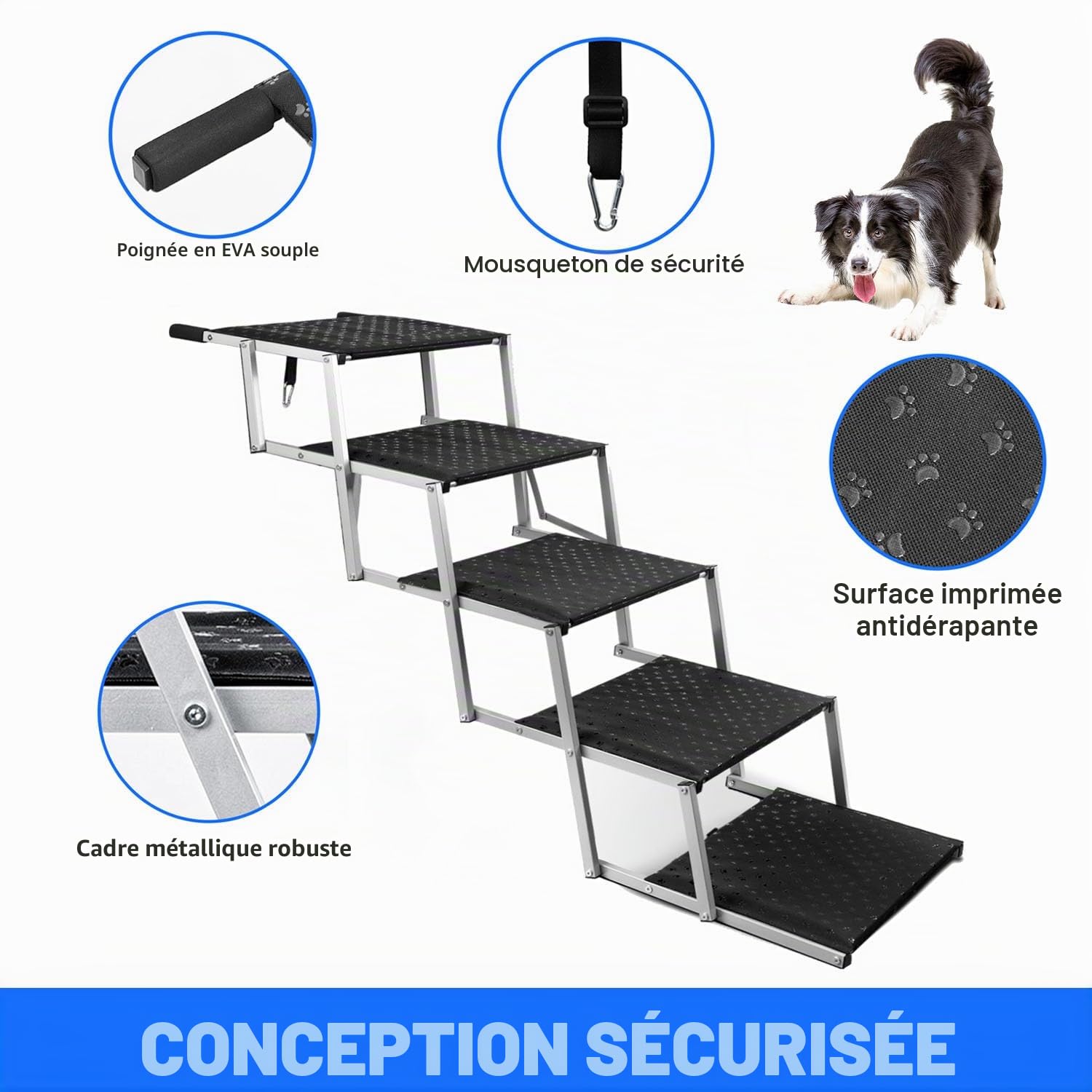 Escalier pour Chien 5 marches, Rampe Voiture pour Chiens Pliable, Charge 113 kg, Surface antidérapante, Aluminium léger, Larges marchepied Portable pour Compagnie, Voiture, SUV, Camion argenté