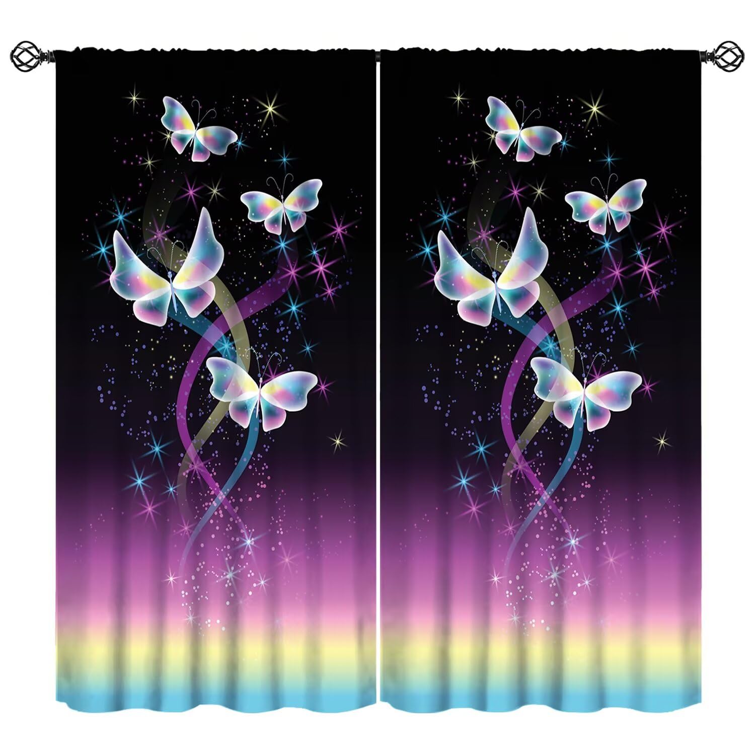 JESTRONRY Butterfly Window Curtains,Rainbow Glowing Butterflies Black Background Window Treatments for Living Room Bedroom Kitchen Bathroom Home Decor 52" W X 84" L