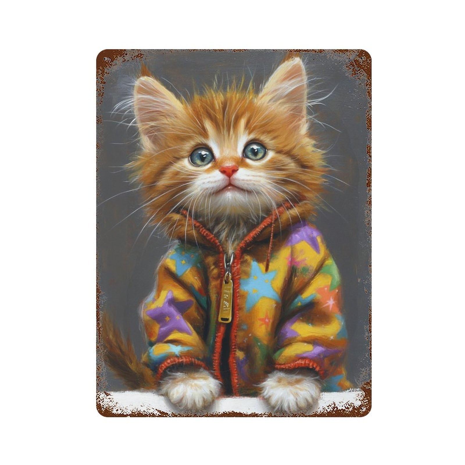 Kitten in Colorful Jacket 15.7"x11.8" Aged Metal Wall Plaque, Classic Wall Plaque for Pub, Kitchen And Man Cave Decor
