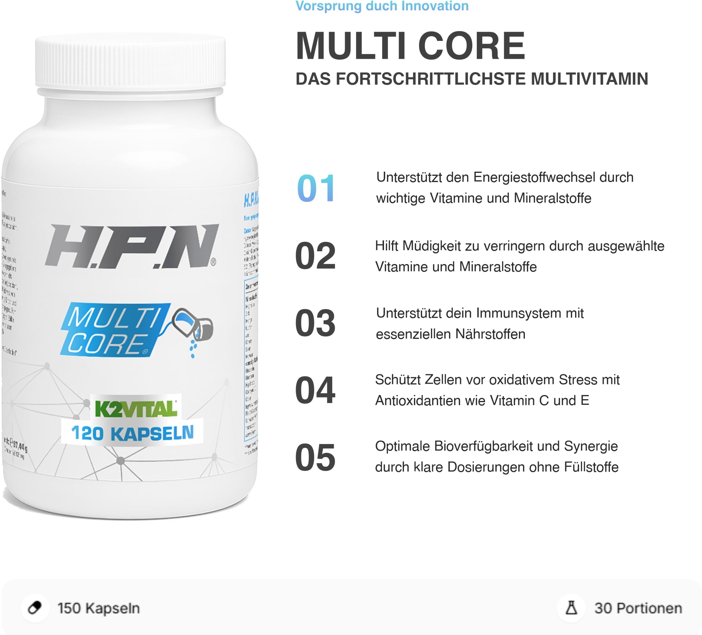 H.P.N - Multi Core | All-in-One Multivitamin mit Mitochondrien-Komplex, Quercetin, Coenzym Q10 & 30+ Mikronährstoffen zur Unterstützung von Energie, Leistung & Gesundheit - 120 Kapseln