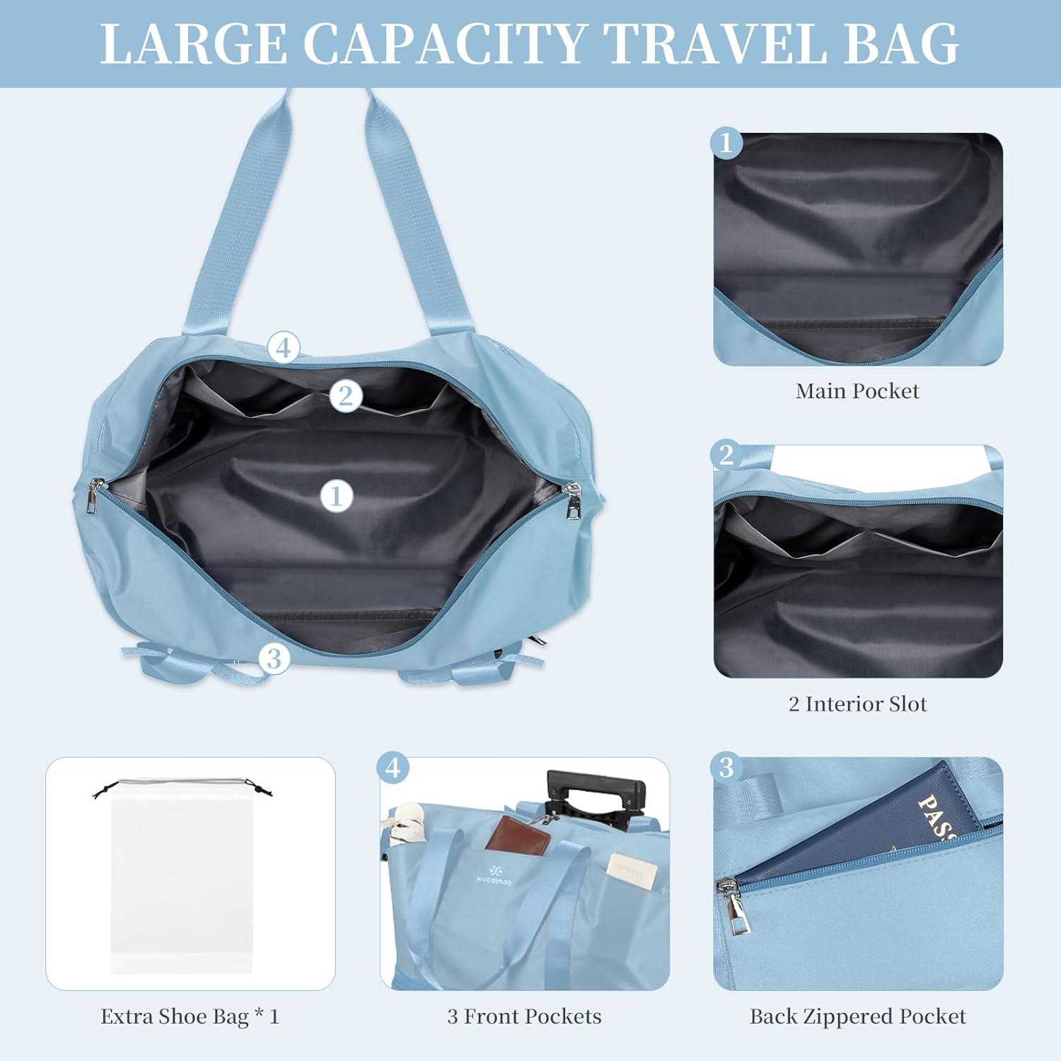 Rolling Duffel Bag with Detachable Wheels & Handle,Expandable Foldable Travel Duffle Bag,Carry on Luggage Large Tote Bag for Gym Overnight Weenkend Trip(Light Blue)
