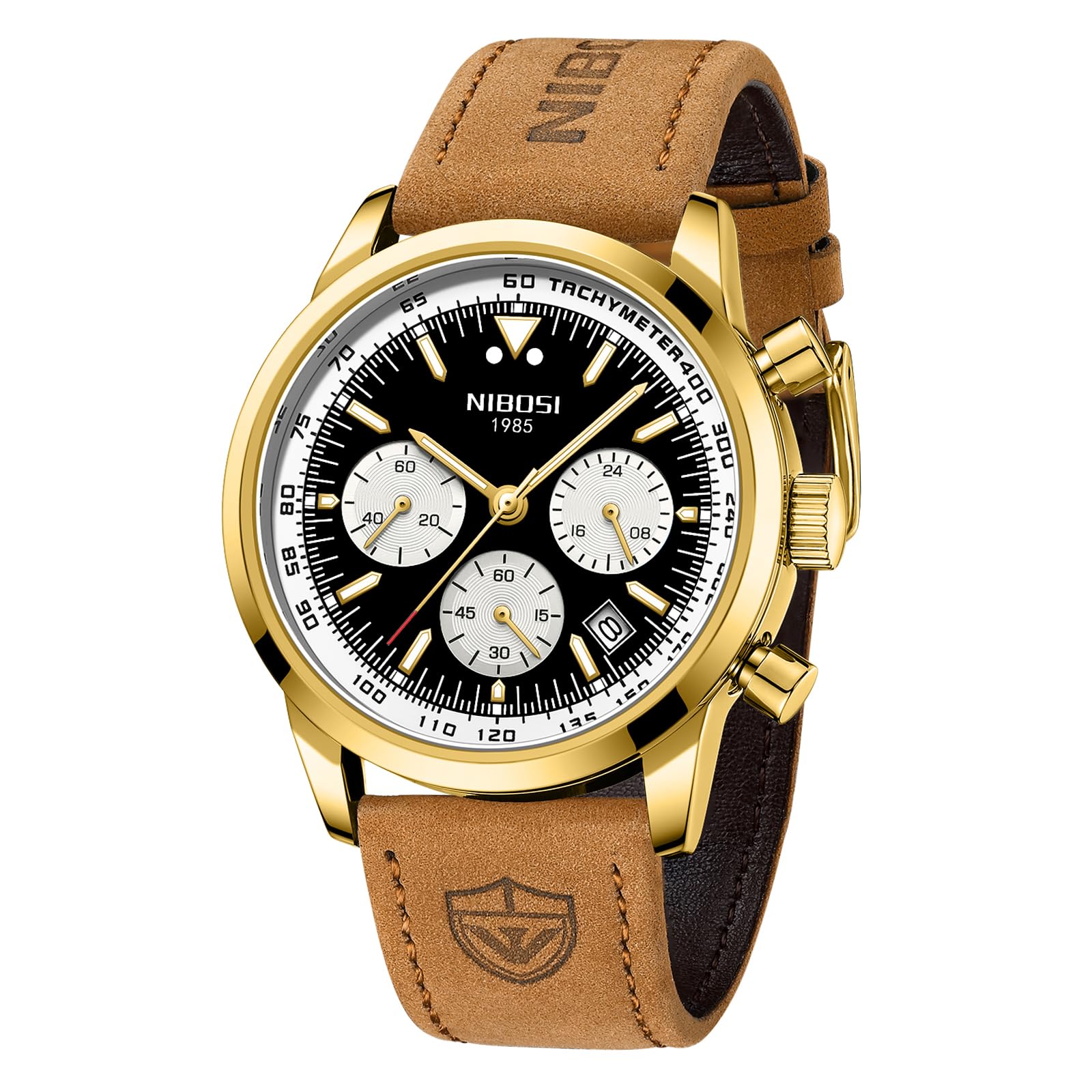 NIBOSI Mens Watch Chronograph Brown Leather Strap Wrist Watch for Men Stylish Multifunctional Black Dial Dress Watch (B0CKX9CK86) Amazon Price History, Amazon Price Tracker