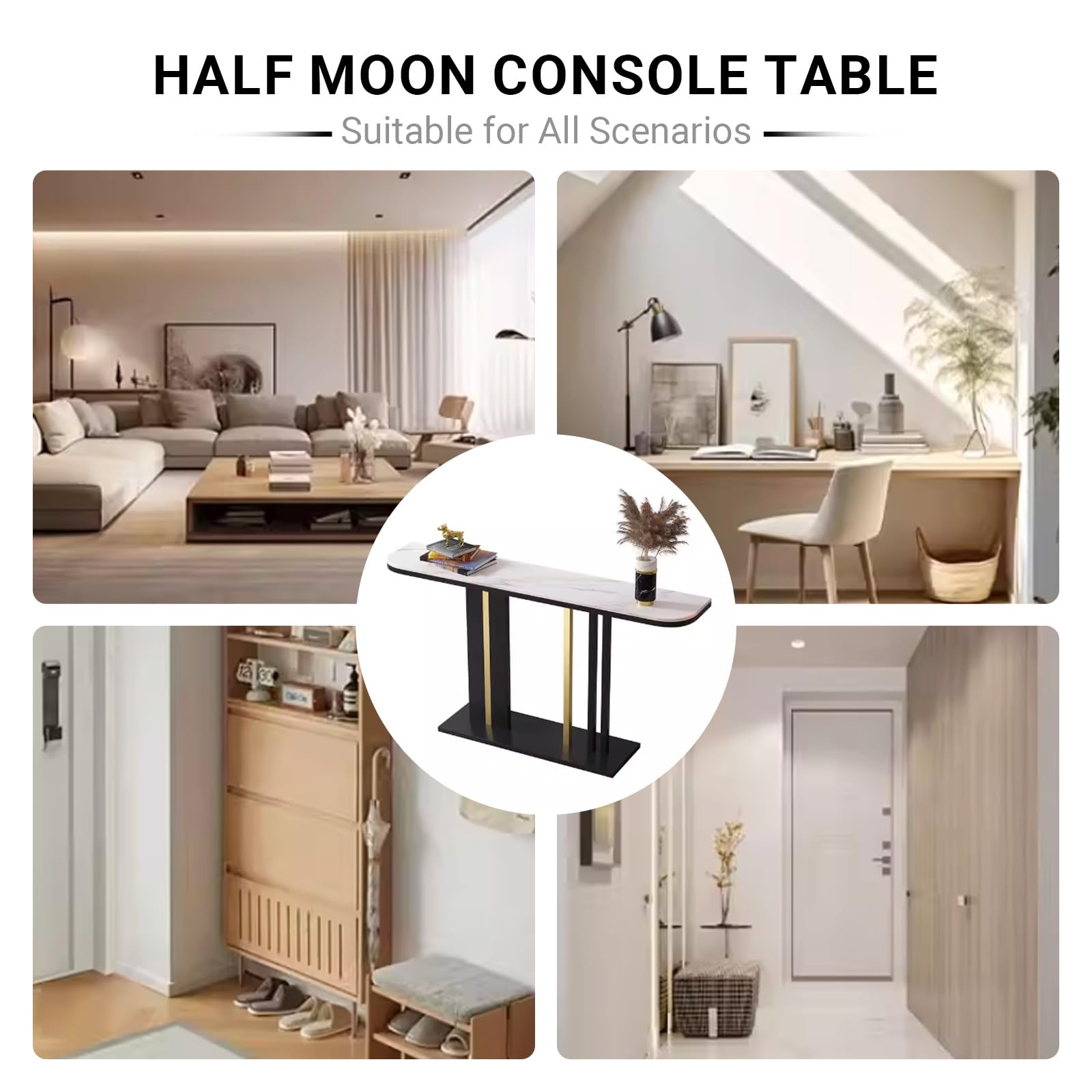 Mesa de entrada moderna con tablero de imitación de piedra, mesa consola semicircular contra la pared, mesa auxiliar estrecha para sofá, ideal para la decoración de la sala de estar, el pasillo y la