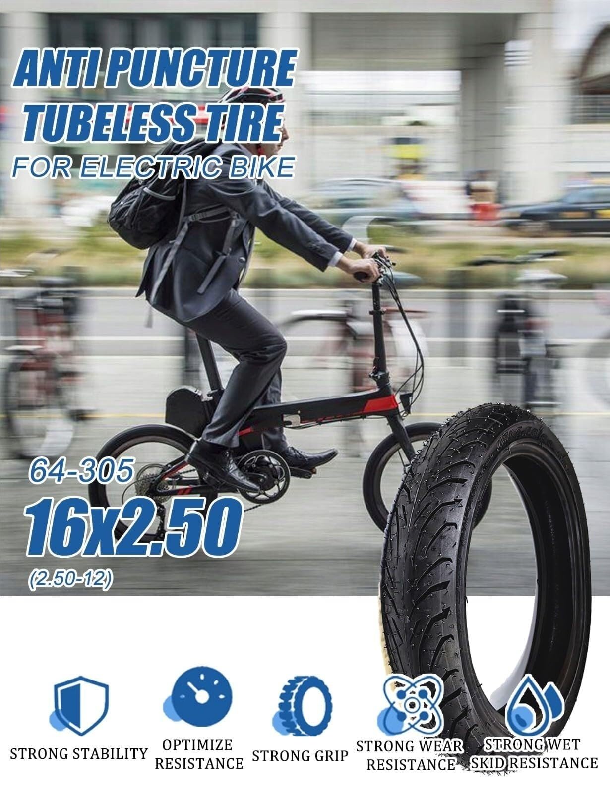 16x2.50 64-305 Pneumatyki Bezwewnętrzne | Odporne na Przebicia i Zużycie, Ciężkie Opony dla E-Rowerów i E-Scooterów | Grube Bieżniki do Terenu(1 Piece)