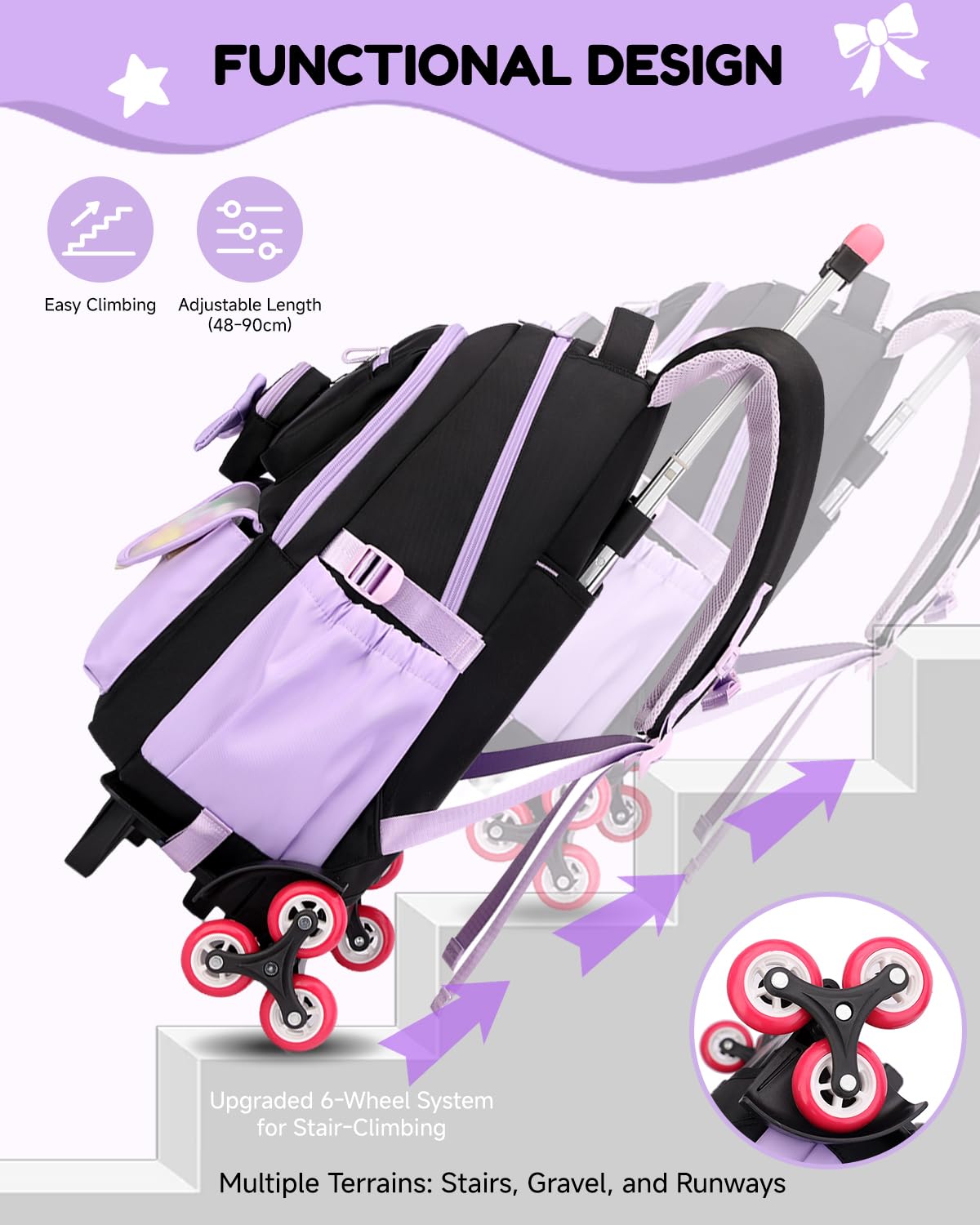 Amythe Zaino con Ruote Bambina 10-18 Anni – Trolley Scolastico 6 Ruote con Carrello Rimovibile – Zaino Trolley per Ragazze Scuole Medie – Grande Capacità per PC 15.6", Viola