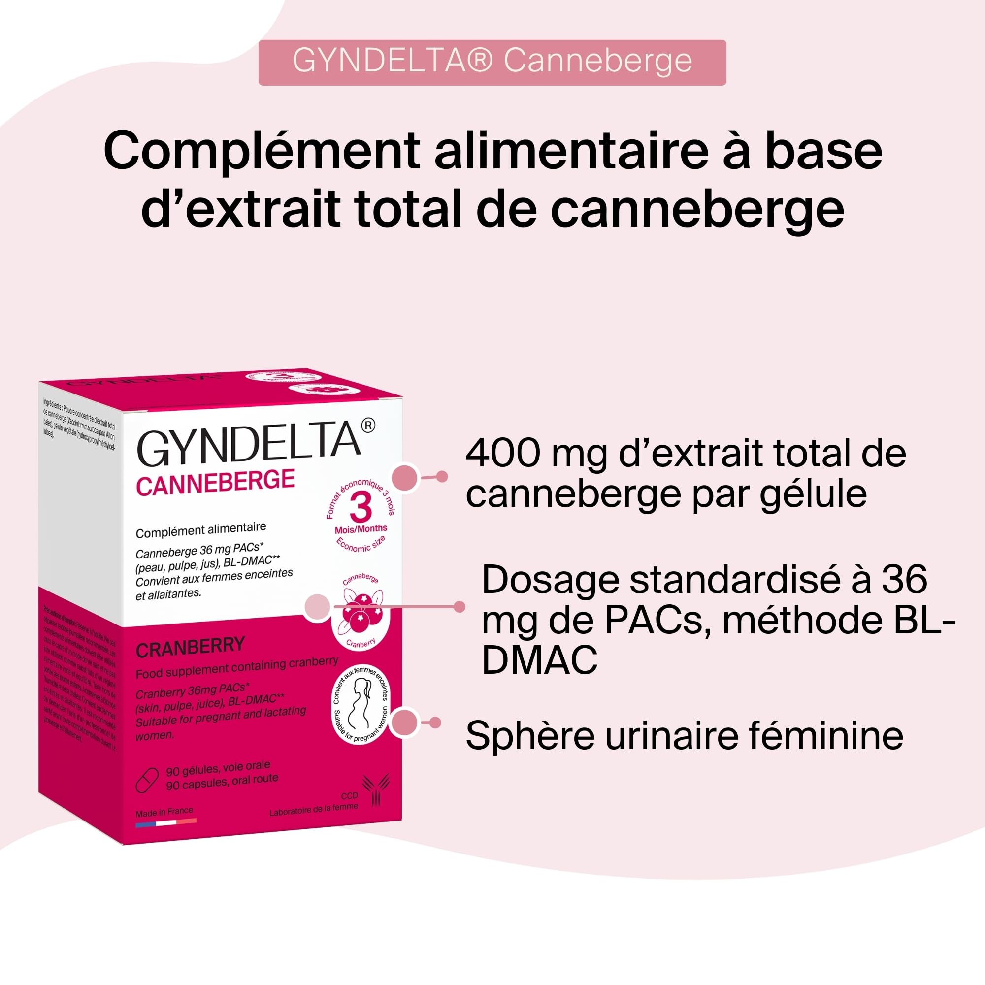 Gyndelta 36 mg Canneberge | Sphère urinaire féminine | Extrait total de cranberry dosé en PACs | 90 gélules végétales | Cure de 3 mois | Sans OGM | Fabriqué en France | Laboratoire CCD