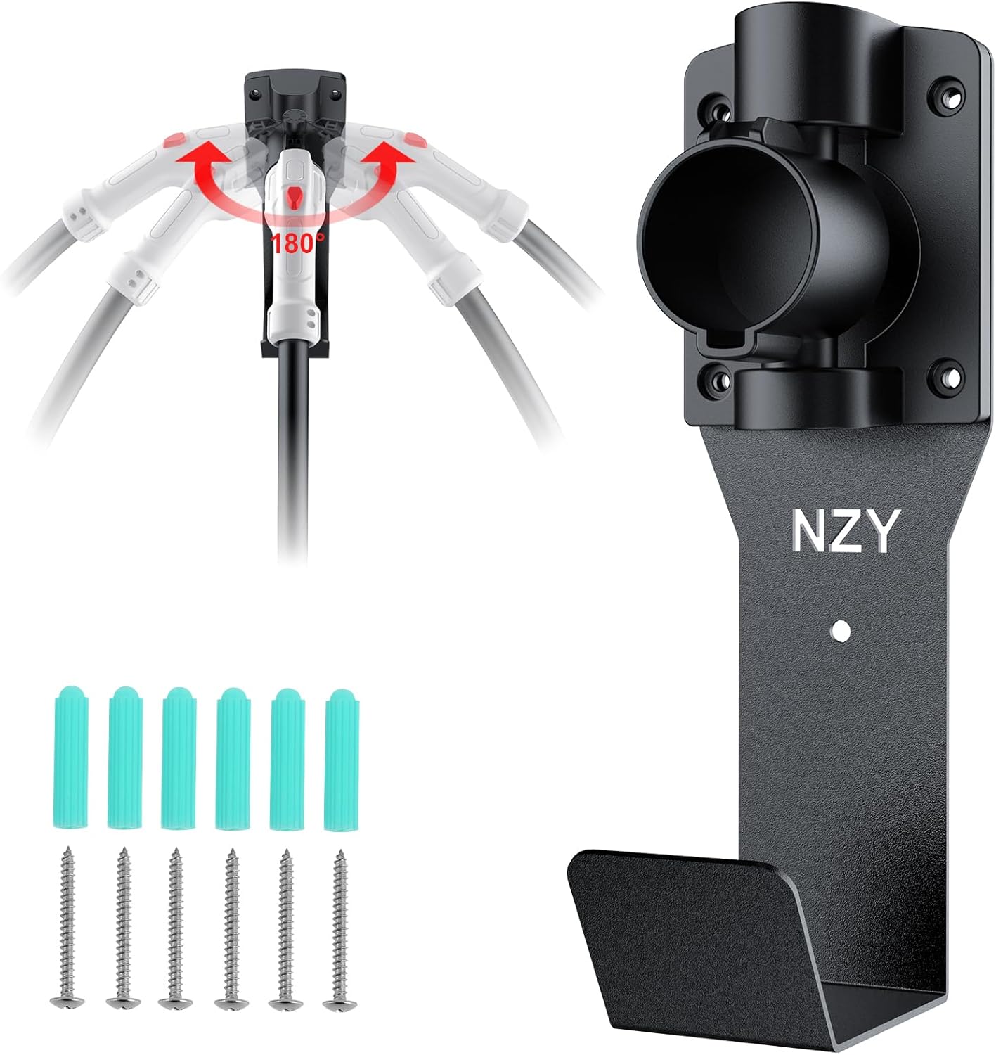 EV Charger Holder Wall Mount Kit, 180 Rotation EV Charger Nozzle Holster Dock for SAE J1772 Connector, Outdoor/Indoor, J-Hook EV Charger Cable Organizer for Electric Vehicles