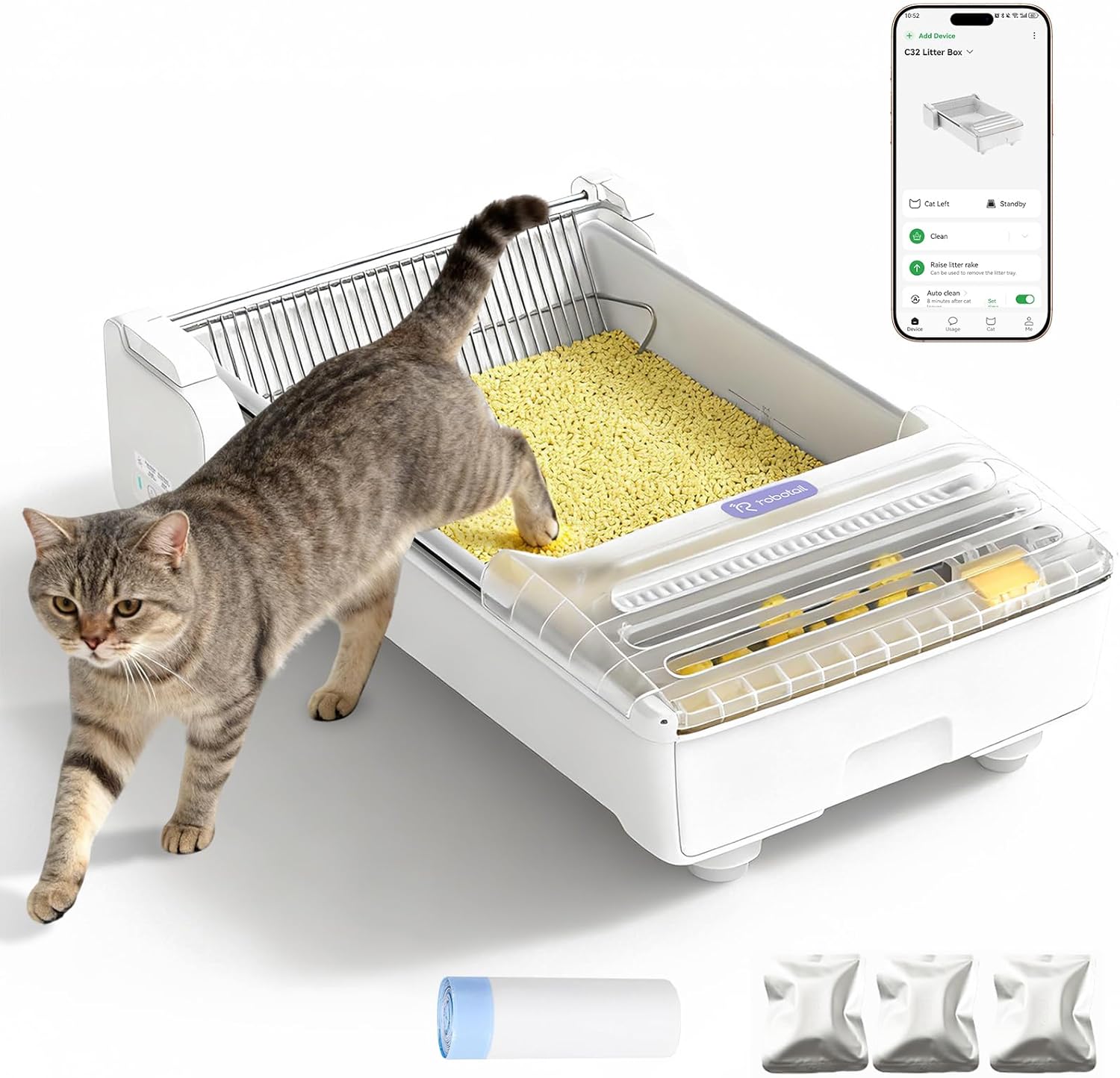Fully Open Top Automatic Self Cleaning Cat Litter Box, Extra Large Electric Litter Box with APP Control Health Monitor, Smart Litter Tray for Multiple Cats, Anti-Pinch, Come with 5lb Cassava Litter