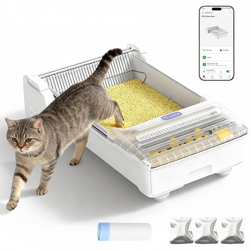 Caixa de Areia Autolimpante para Gatos EZSKUUP C32 com Controle por App, Abertura Superior e 20 Sacos Branca