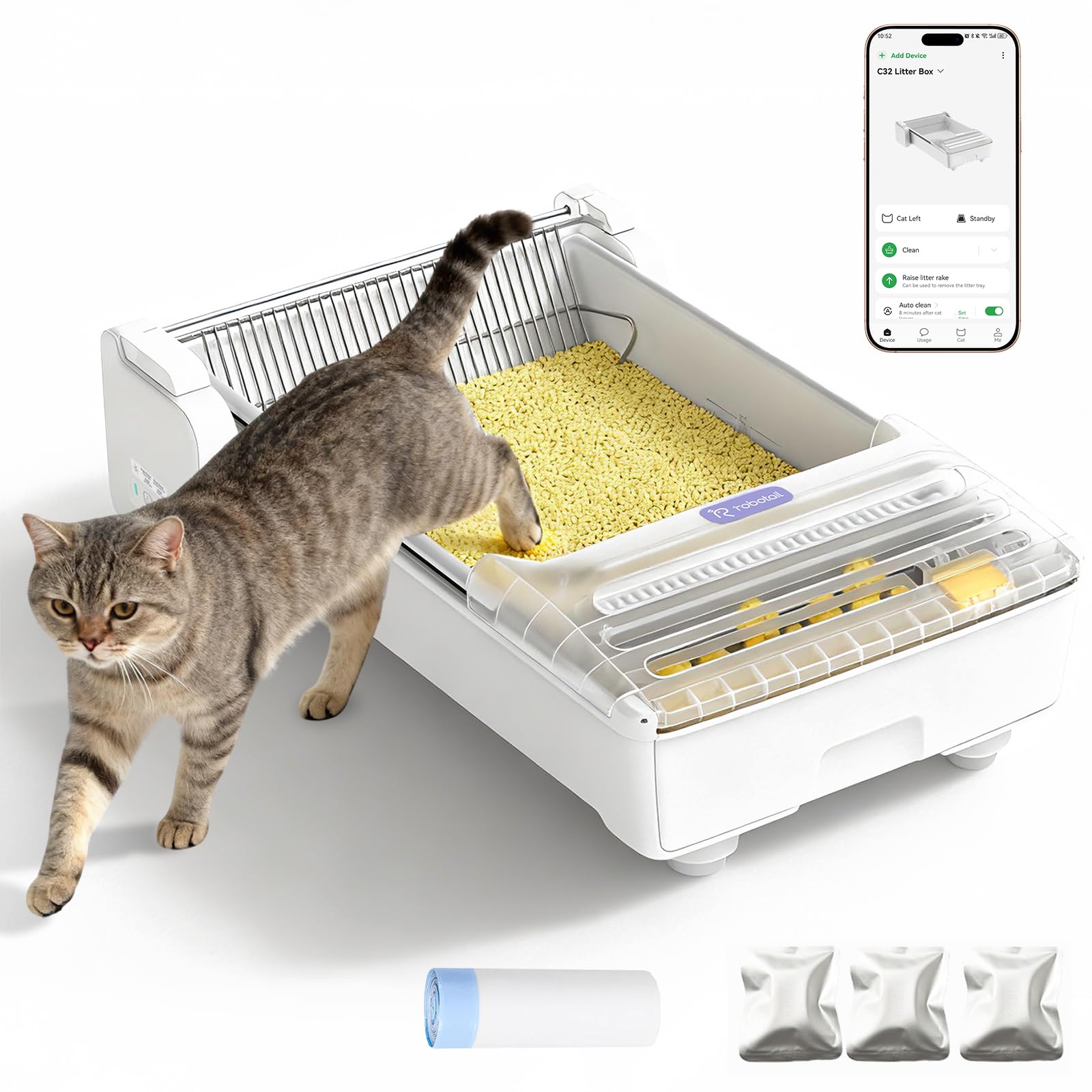 Open Top Automatic Self Cleaning Cat Litter Box, Extra Large Electric Cat Litter Box with APP Control Health Monitor, Smart Litter Tray for Multiple Cats, Anti-Pinch, Come with 20 Liners