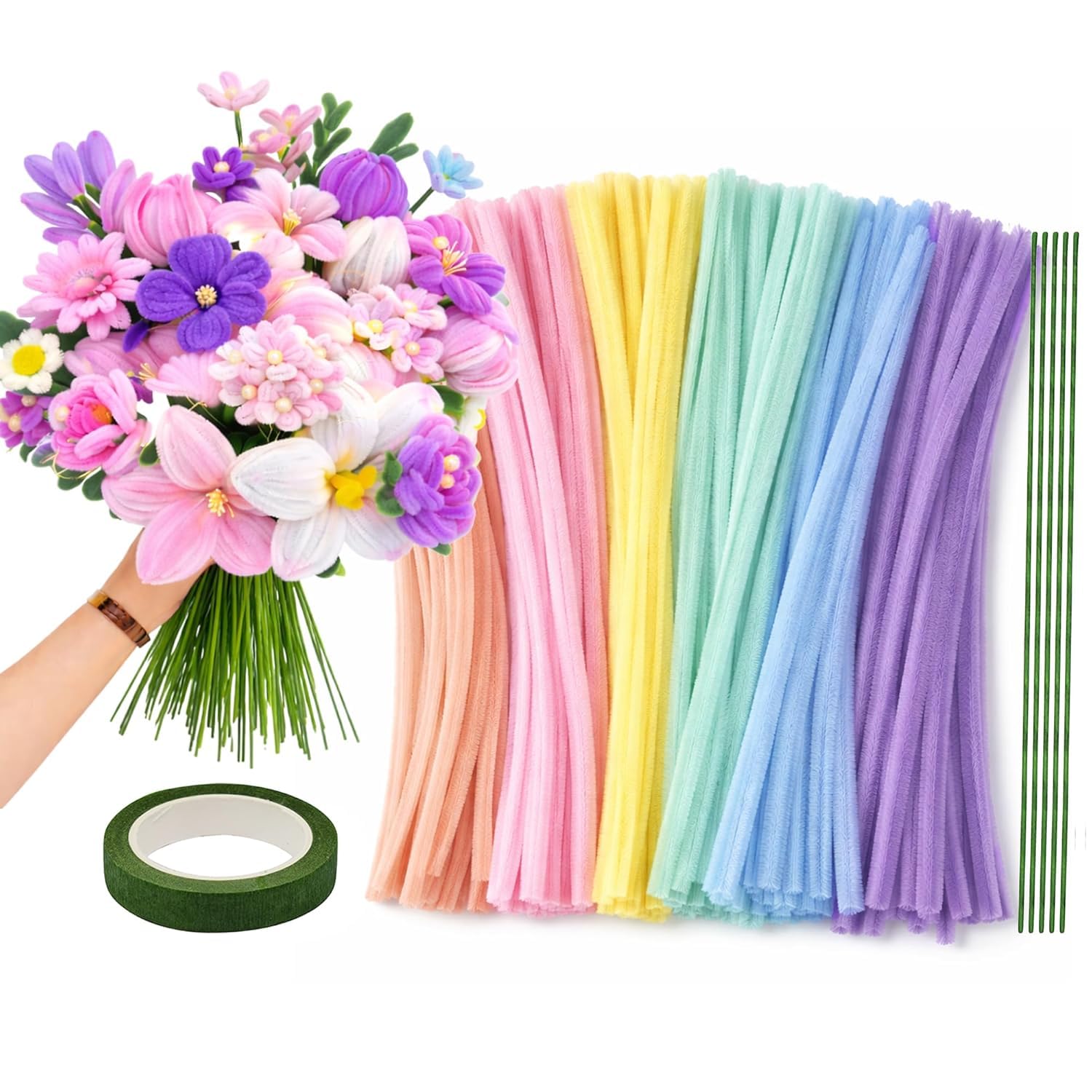 100PCS Flower Stem Pipe Cleaners Craft Kit for DIY Floral Bouquet Making, Soft Chenille Stems with Floral Wire & Green Floral Tape, Pastel Multicolor Arts and Crafts Supplies for Kids Adults Decoration-image-19