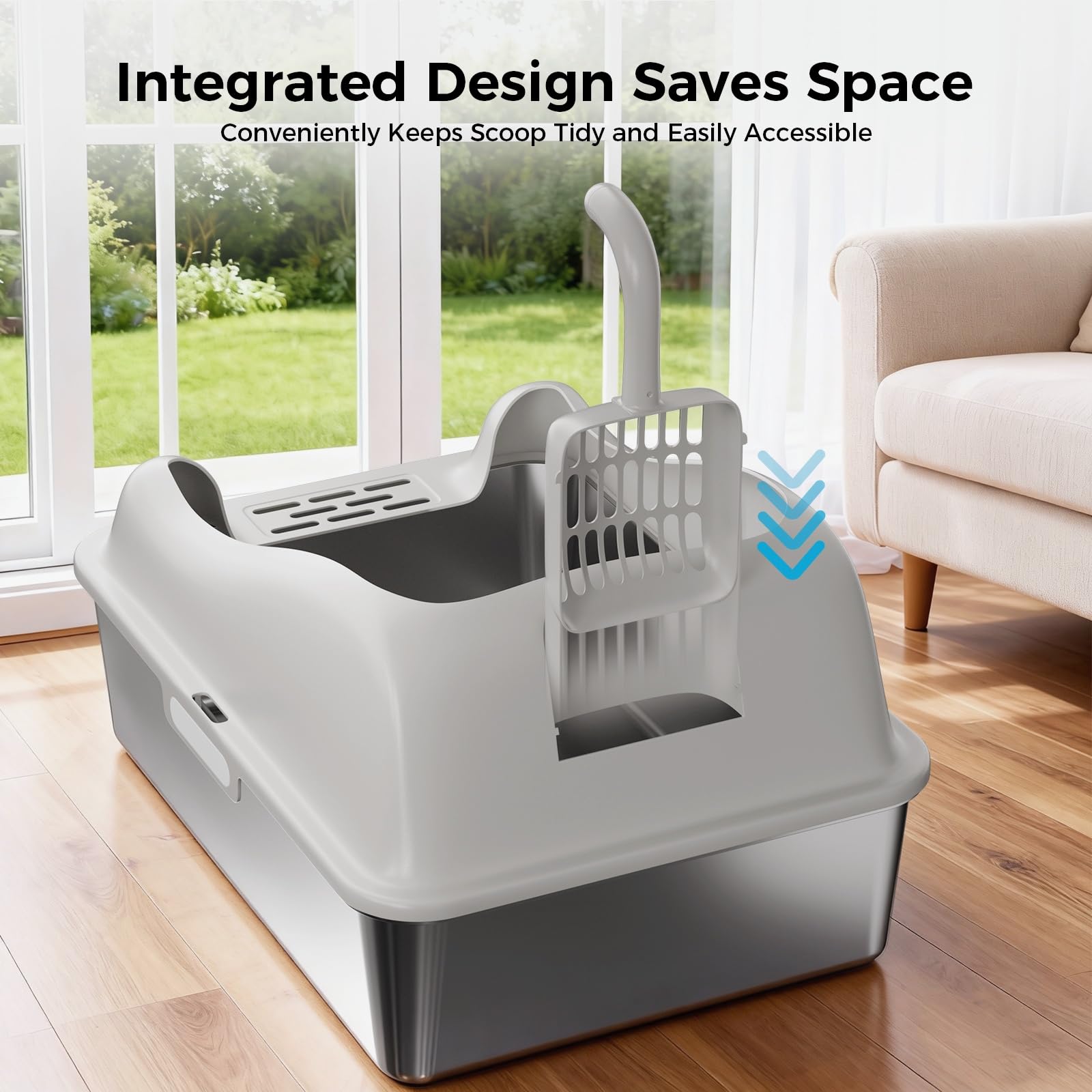 GTPLAYER XL Stainless Steel Cat Litter Box for Big & Multiple Cats, Easy Clean Odor-Resistant Design, High Sided Leak-Proof Litter Box with Mat & Scoop – Dark Grey - image 3