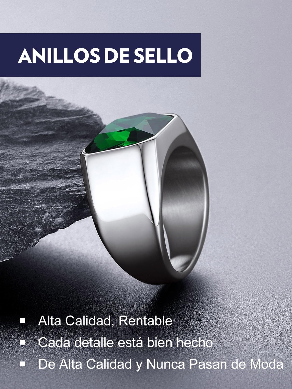 Bandmax Anillo con Piedra Verde/Rubí/Negro/Zafiro 12mm Ancho, Anillo Precioso para Hombre Mujer Tamaño 54mm a 72mm, Joyero Incluido