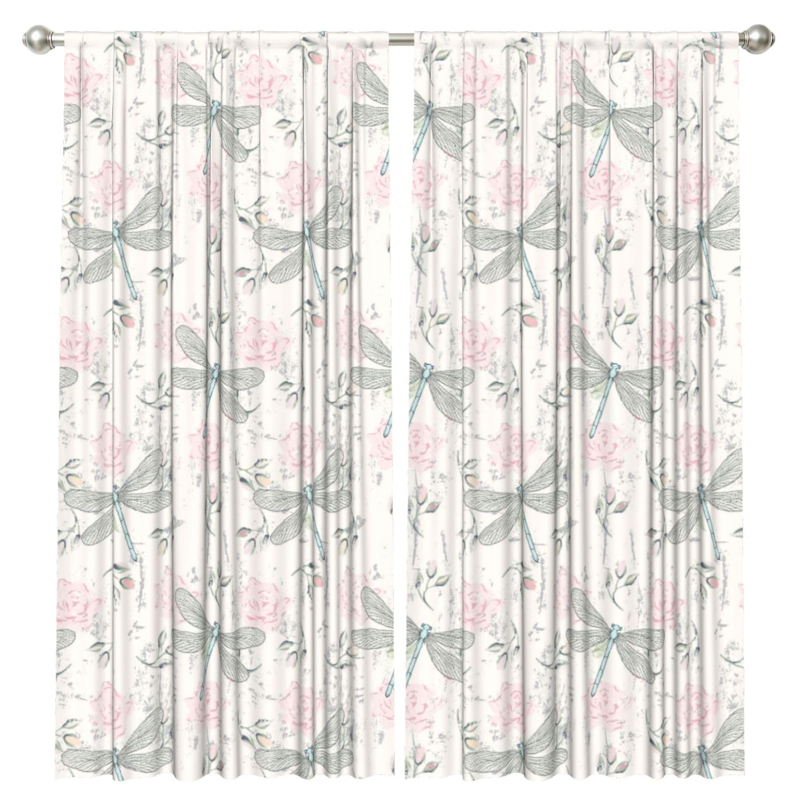 InOmak Dragonfly Shabby Chic Roses Worn Old Vintage Floral, 2 Panels Window Curtains 52 x 84 Inch Blackout Curtains for Living Room Bedroom