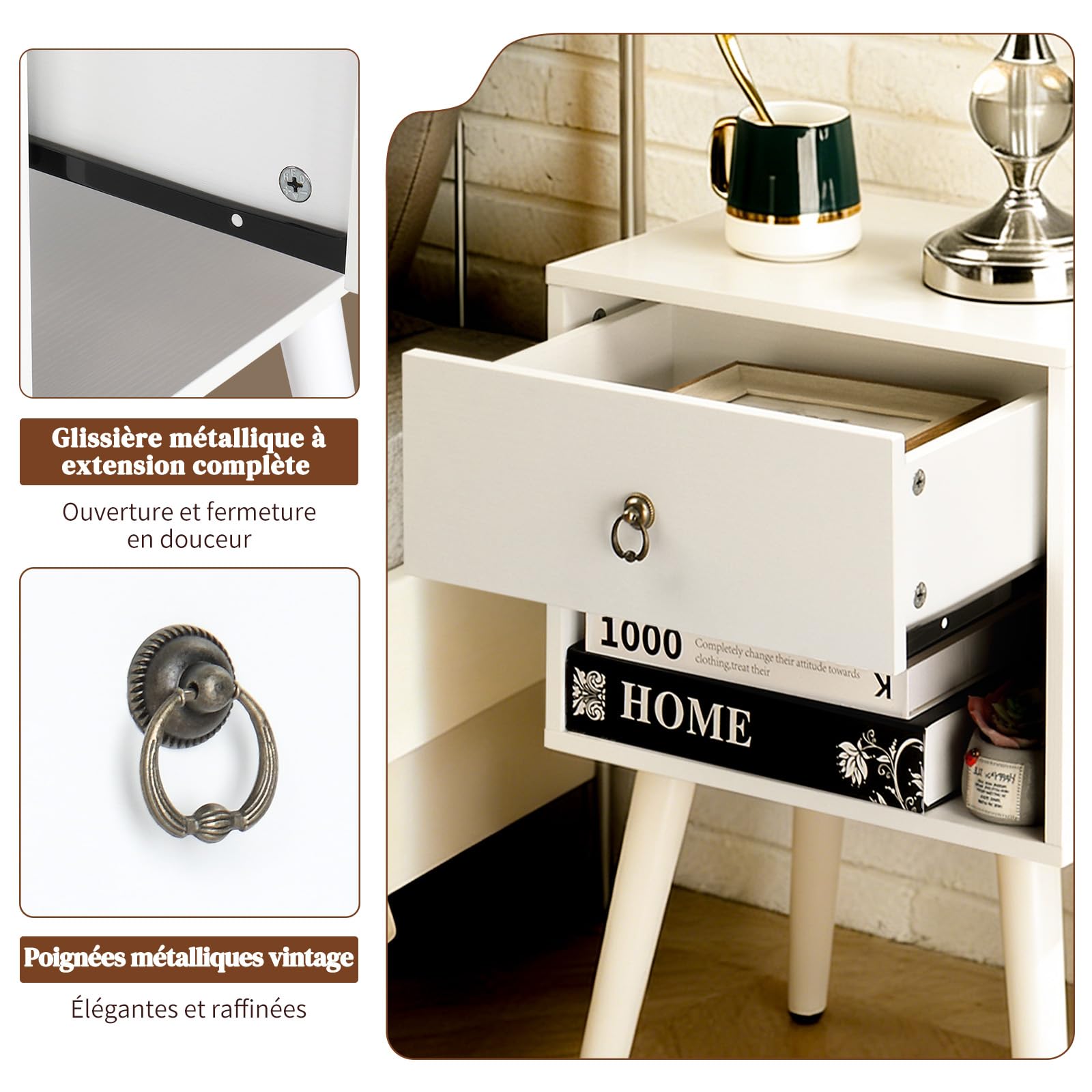 LEADZM Table de Chevet, Tables Basses avec 1 tiroir 1 étagère Ouverte Table d'appoint, Meuble de Nuit, Commode de Nuit, 38 x 30 x 55 cm (1, Blanc)