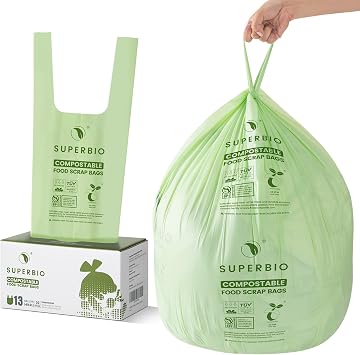 Superbio 13 Gallon Compostable Handle Tie Tall Kitchen Garbage Bags, Heavy Duty Food Scrap Trash Bags Certified by BPI and OK Compost Home, 30 Count