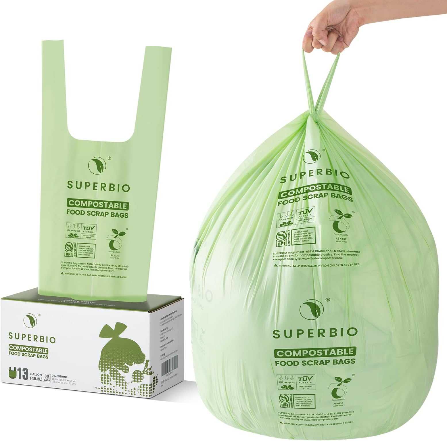 - 13 Gallon Compostable Kitchen Waste Bags with Handles, Food Scrap Bags Certified by BPI, OK compost INDUSTRIAL, 30 Count, 49.2L