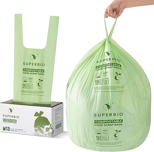SUPERBIO Bolsas de basura compostables de cocina de 13 galones con asas, bolsas de desechos de alimentos certificadas por BPI, OK compost