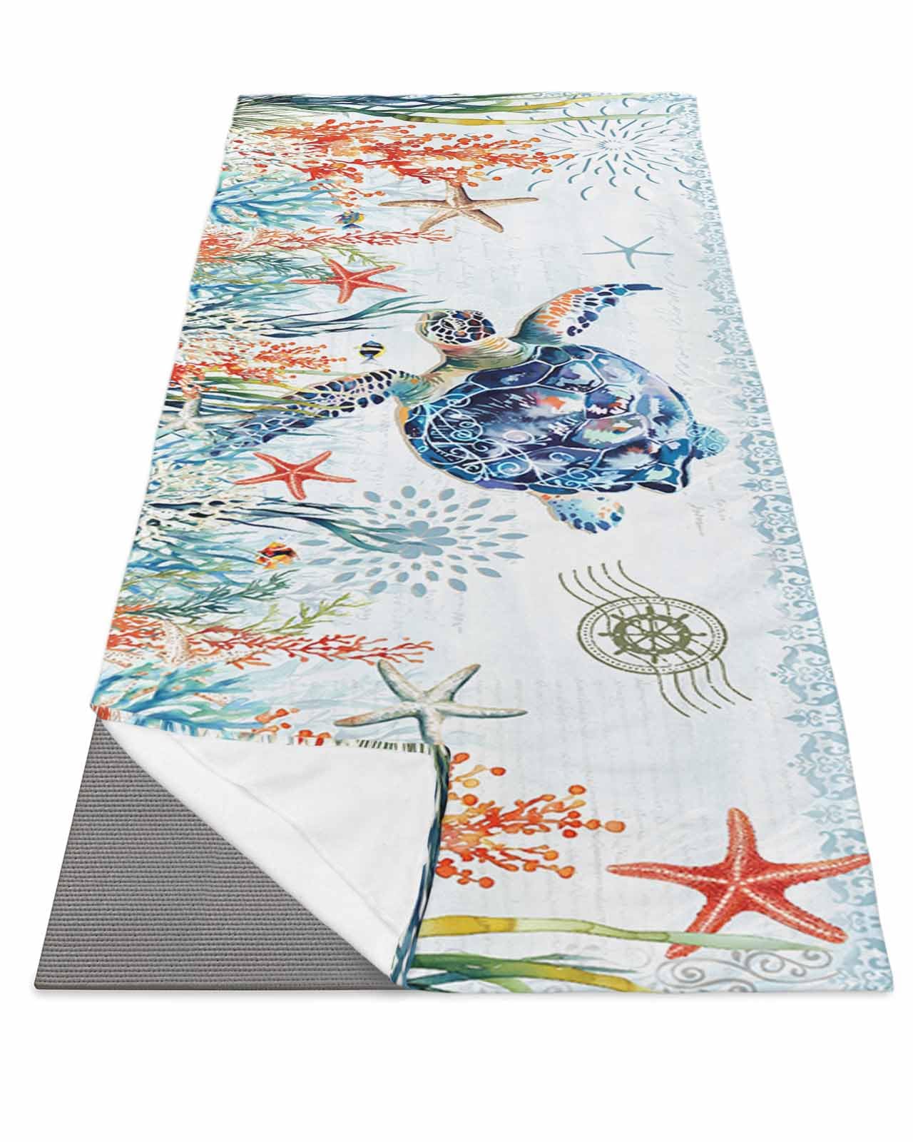 BOSIJOY Yoga Mat Towel,Summer Ocean Turtle Coral Starfish Non Slip Sweat Absorbent Hot Yoga Towels with Corner Pockets,Undersea World Seaweed Soft Microfiber Towel for Pilates Bikram 70