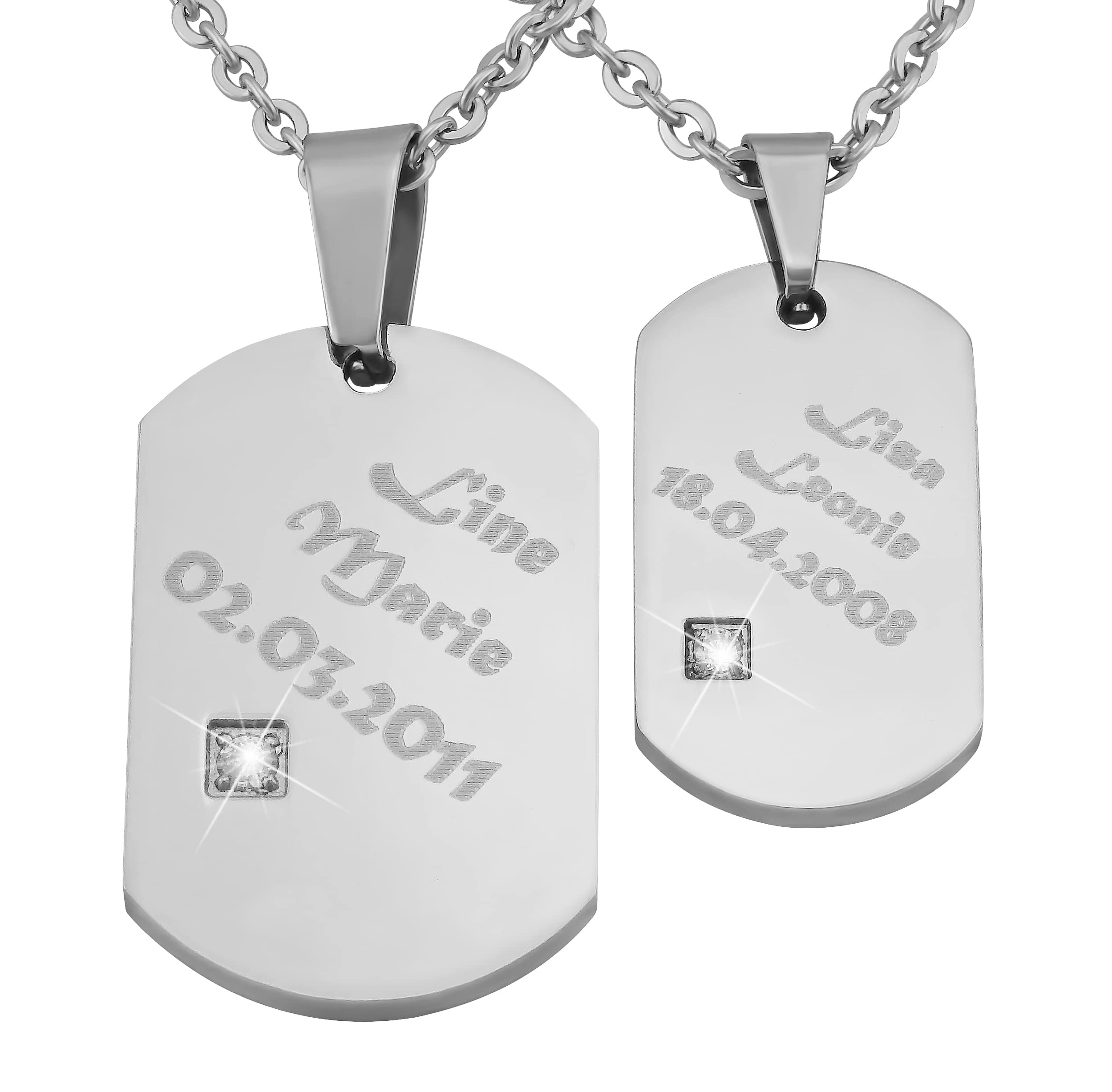 Personalisierte Kette mit Gravur Edelstahl 50 cm mit Anhänger Dog Tag mit Strass-Stein in silber - Personalisierte Halskette für Freundin oder Freund - Personalisierter Schmuck Freundschaft