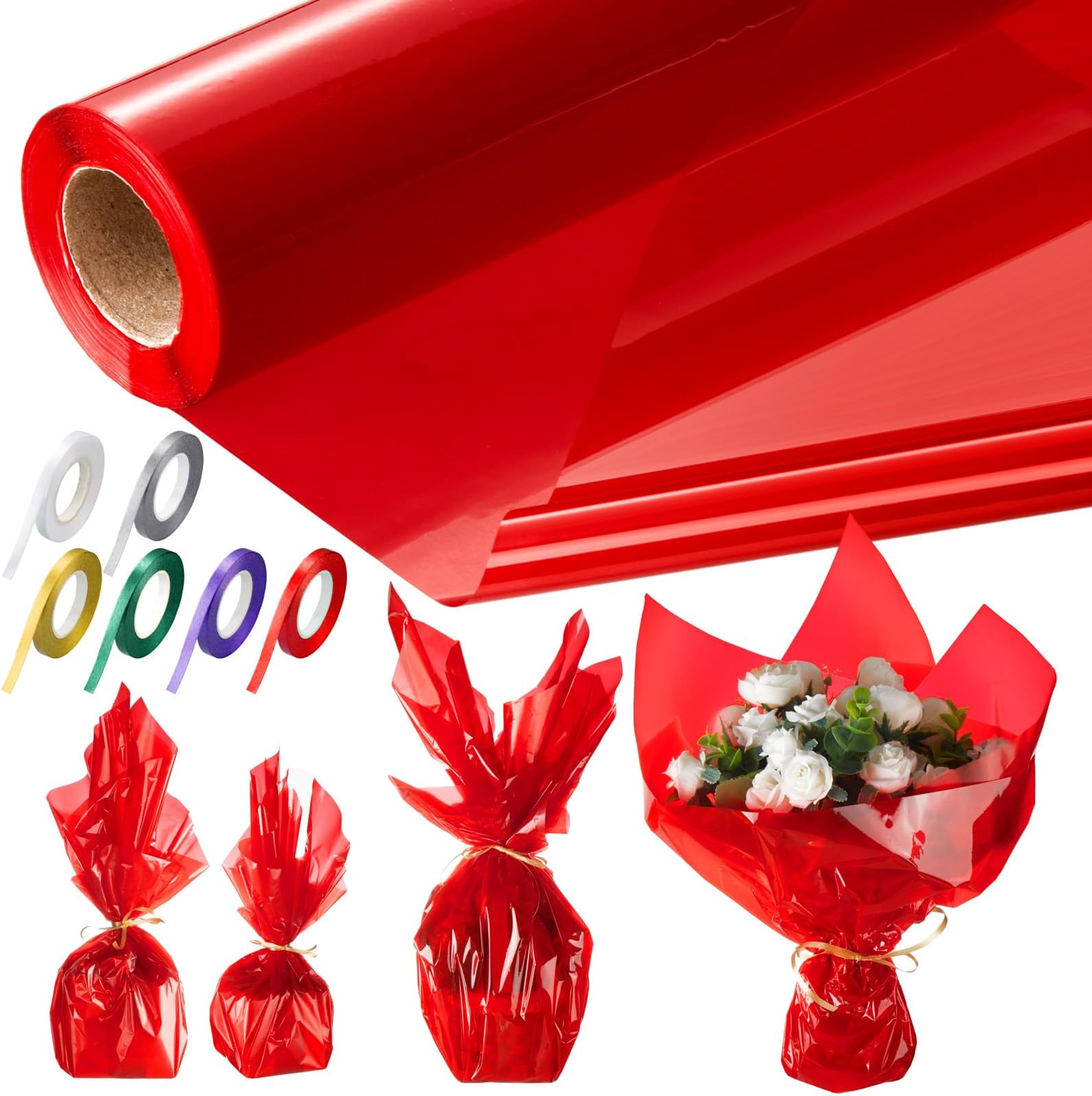 Tigeen Clear Cellophane Wrap Roll with 6 Rolls Ribbons, 16'' x 100 ft 2.3 Mil Translucent Thick Cellophane Paper for Candy Baskets Packaging for Birthday Party Gifts(Red)