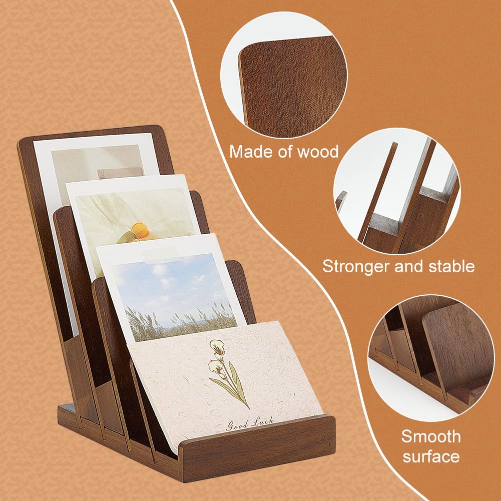 2 soportes de madera de 4 niveles para folletos de 11,5 x 16,7 x 19,6 cm, color marrón, soporte de exhibición de folletos y estante para tarjetas de felicitación para encimera de oficina y restaurante