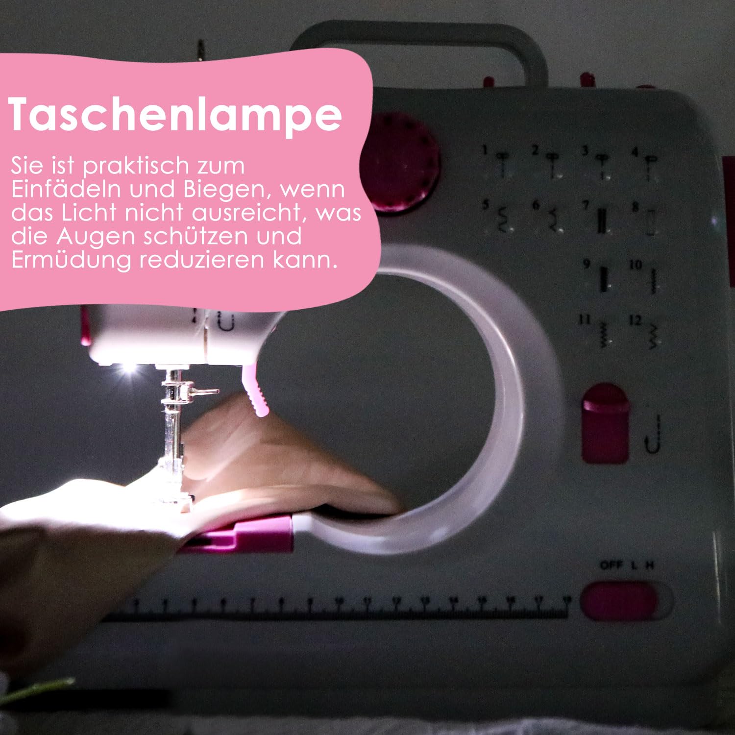 Mini Nähmaschine für Anfänger mit 12 Stichen, LED Licht, Rückwärtsnähen, automatischem Spulen, leiser Motor, kleine Nähmaschine 28x12x24 cm, kompakte kleine Nähmaschine für Zuhause