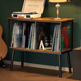 Simple Serenity Record Player Stand: Mid-Century Vinyl Storage for 200 Albums, Adjustable Divider, Turntable Table for Bedroom & Living Room