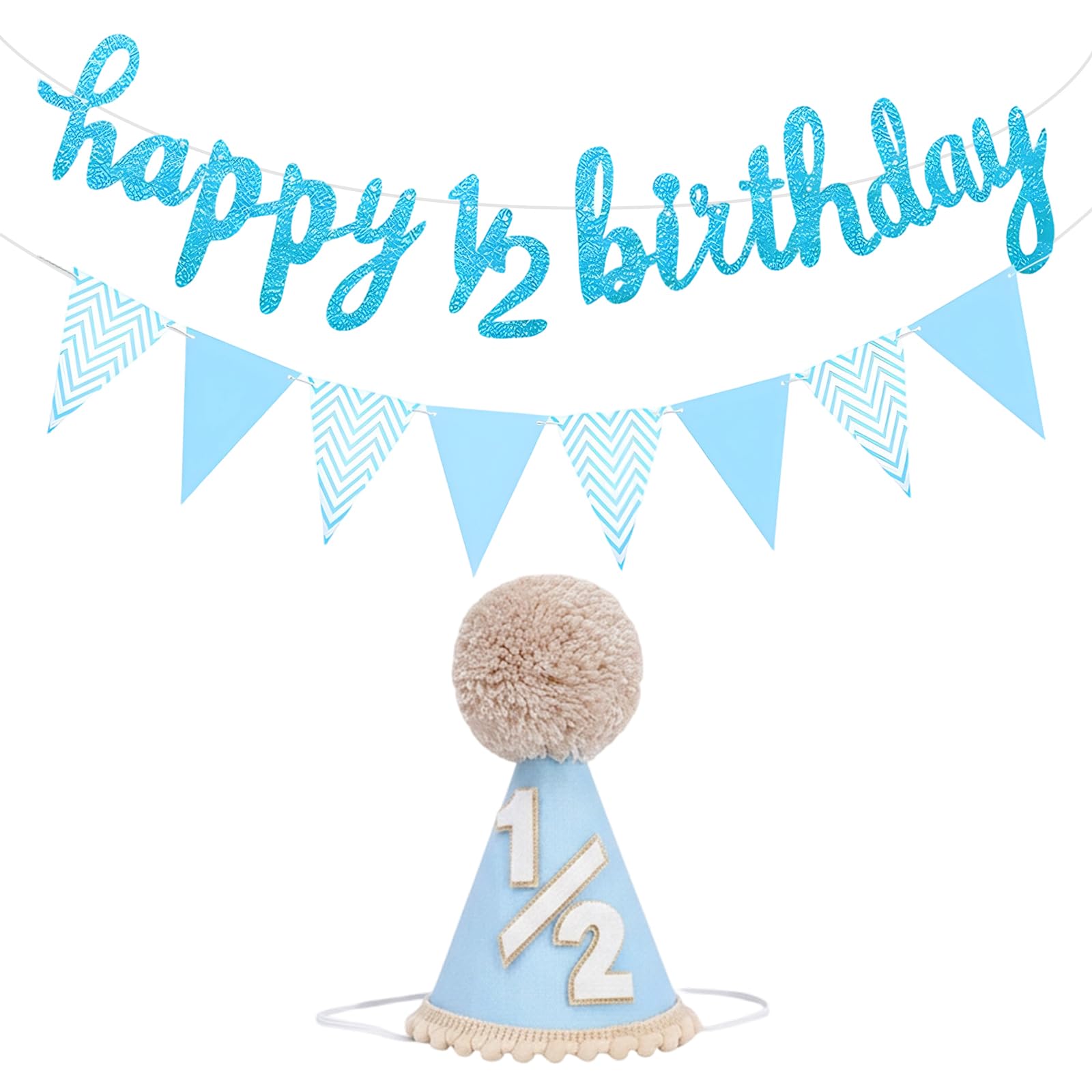 DNTHYRIN 3Pcs Blue 1/2 Birthday Hat and Half Way to One Banner, Cone 1/2 Birthday Hat with Elastic Band, Lovely Birthday Hats for Milestone Celebrations, Ideal for Party Decor and Photo Props
