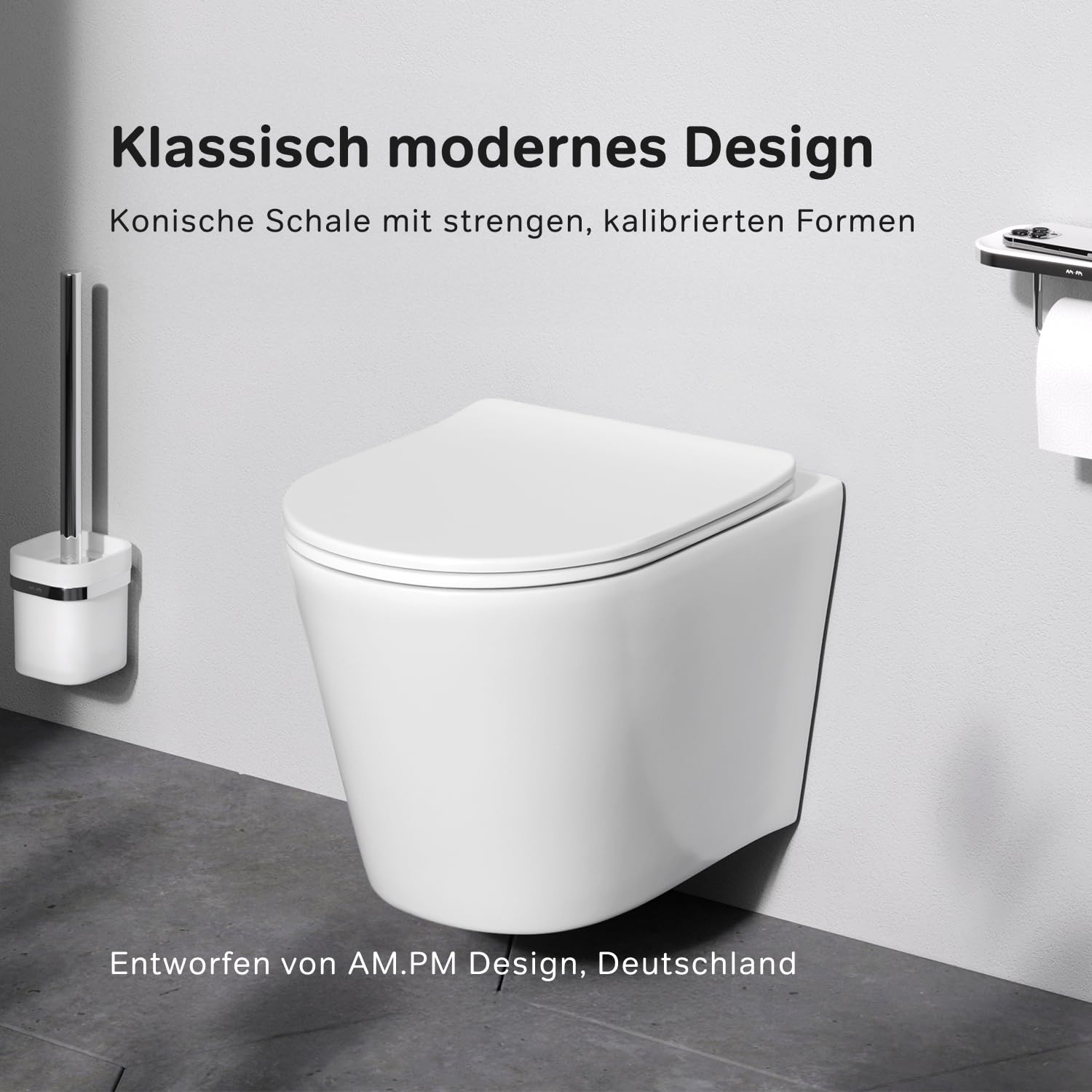 AM.PM Spike – WC suspendu sans rebord en céramique avec système d'abaissement automatique, WC suspendu AquaSpin, cuvette WC, blanc, 50 cm de long