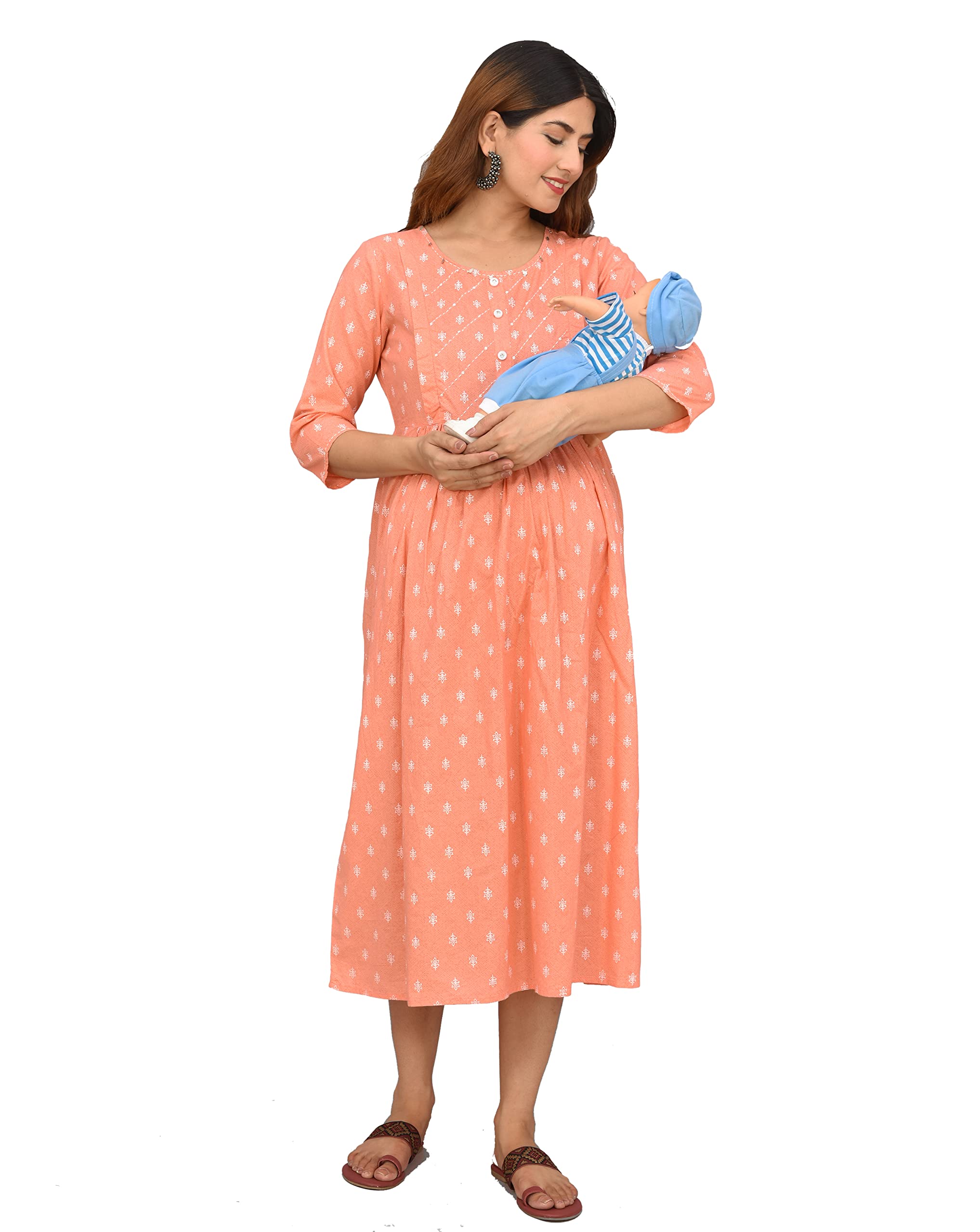 Cotton Maternity Dresses for Women with Feeding Zip - Floral Breastfeeding Maternity Gown Kurti for Pregnant Women - Nursing Pre and Post Pregnancy Wear-image-47