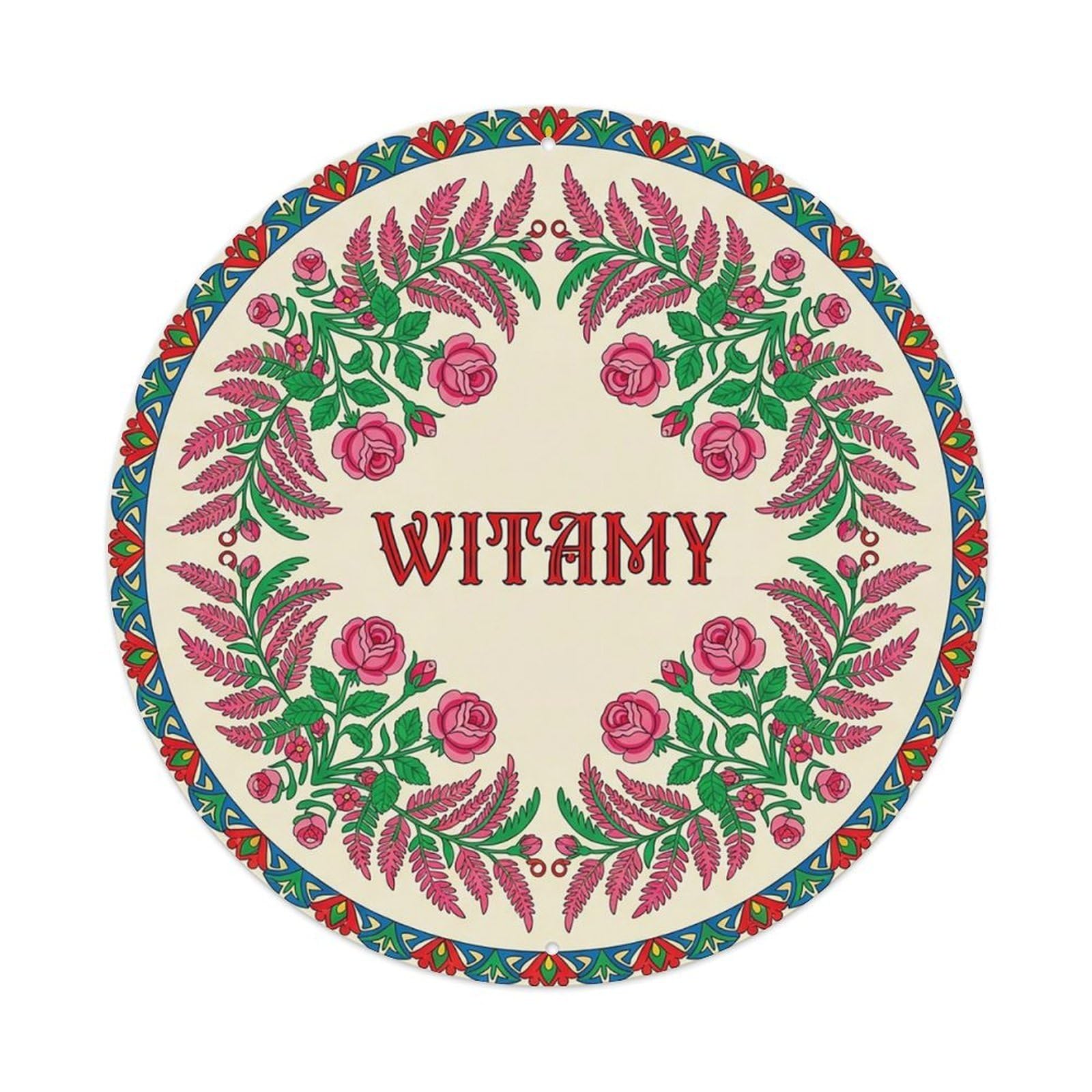 Vintage Polish Folk Art Witamy Welcome Rose Fern Metal Tin Sign
