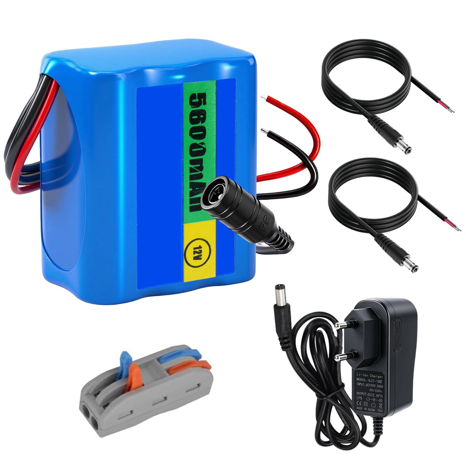 Batterie Lithium-ION 12,6 V 5600 mAh avec Chargeur et 2 Lignes de Connexion pour Panneau Solaire, Radio, appareils Photo, caméscopes, Orgue électronique, Lampe de Lecture DIY, Sonar