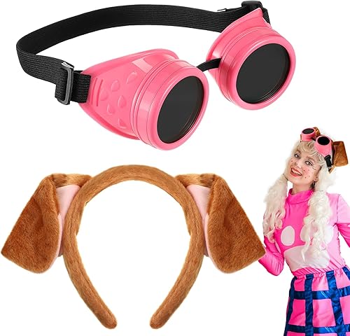 2 diademas de orejas de perro de Halloween y gafas steampunk rosadas, accesorios de cosplay con temática de cachorro, disfraz de bricolaje para